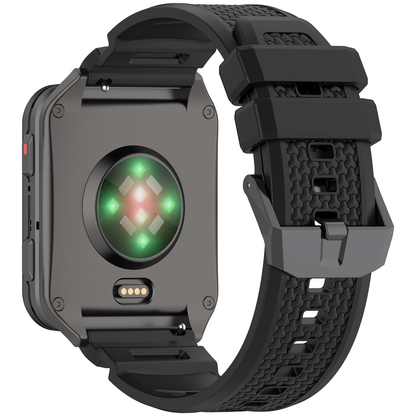 Schwarze Smartwatch mit schwarzem Armband. Die Uhr hat einen Herzfrequenzsensor auf der Rückseite und einen roten Knopf an der Seite.