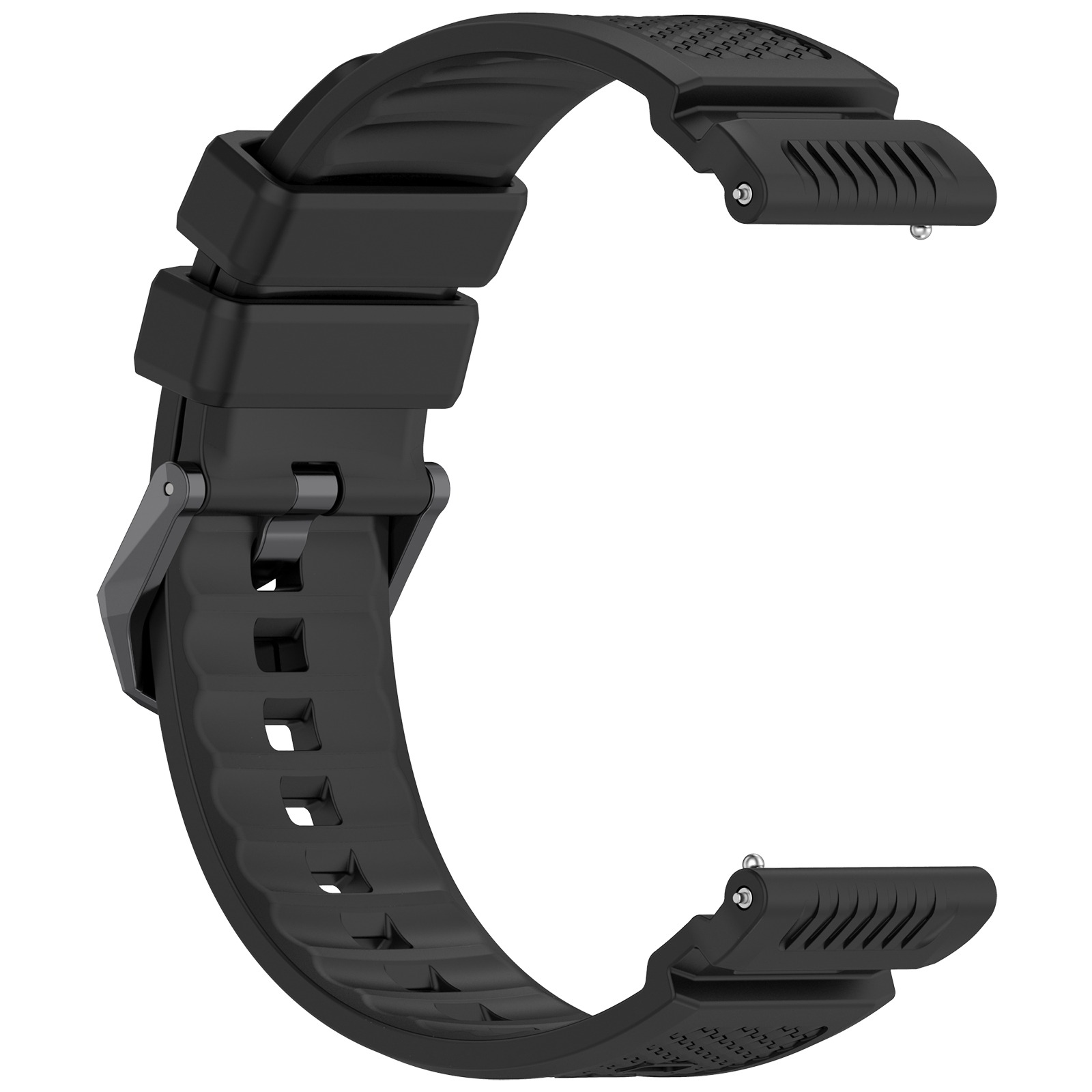 Ein schwarzes Uhrenarmband auf weißem Hintergrund. Das Band ist gebogen und hat strukturierte Details.