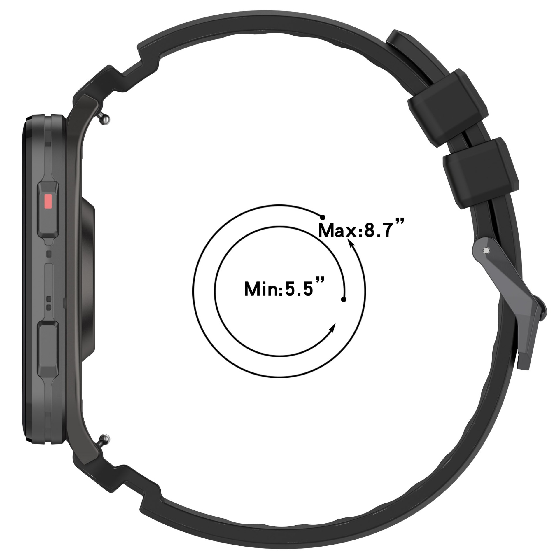Schwarze Smartwatch mit schwarzem Armband, Seitenansicht. Zeigt Messungen: Min 5,5", Max 8,7". Roter Knopf an der Seite.