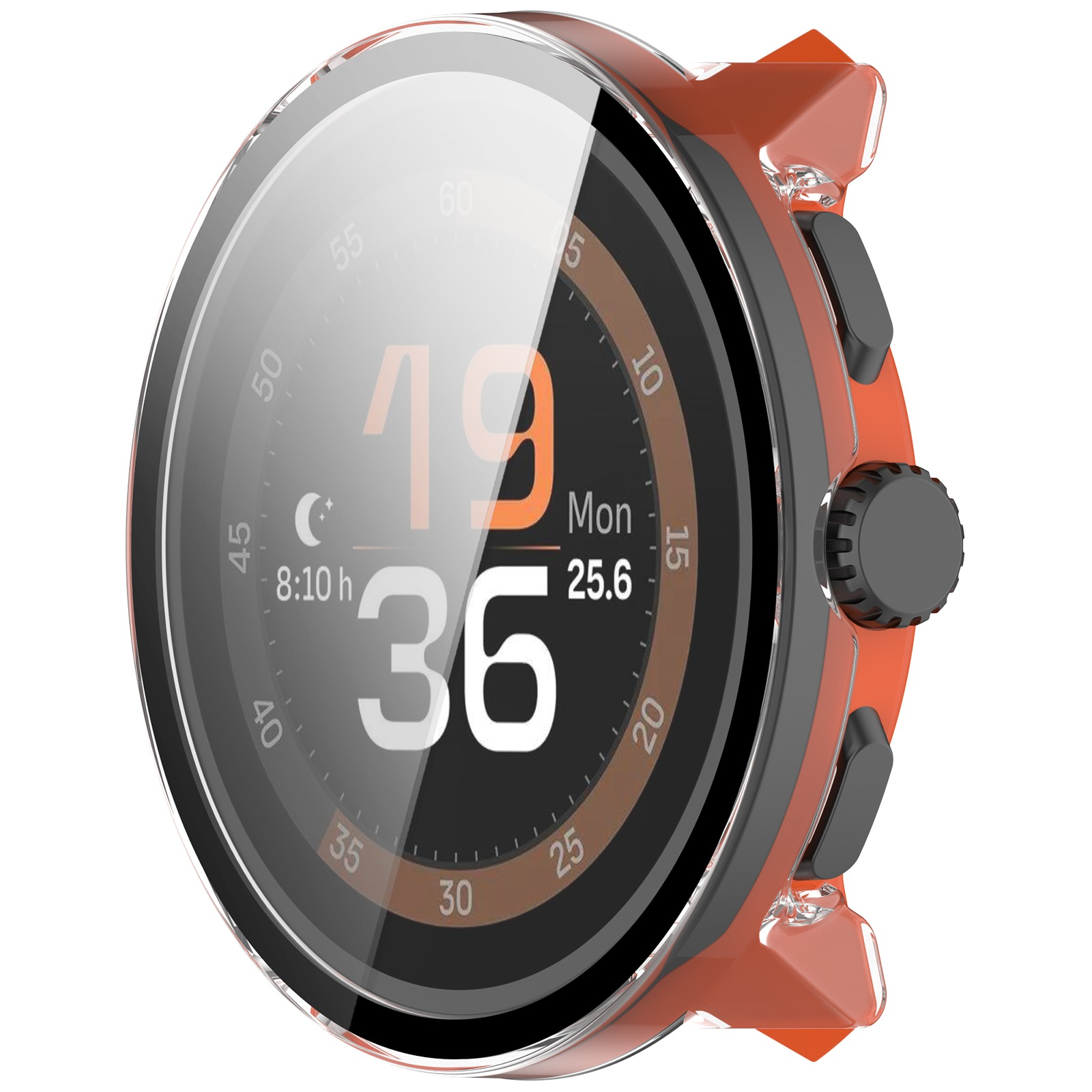 Primo piano di smartwatch con cassa arancione. Schermo mostra ora, data e passi. Pulsanti neri e quadrante laterale.
