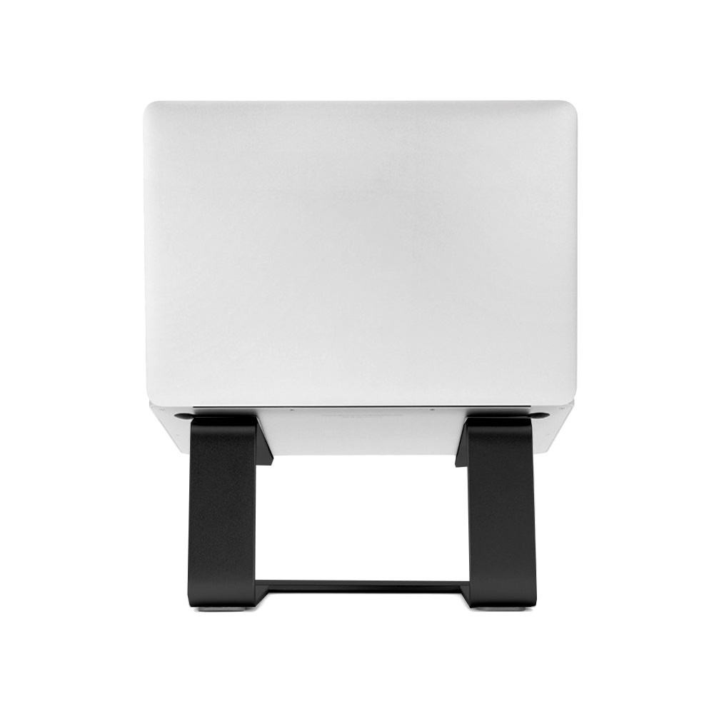 Biały laptop stoi na czarnym stojaku. Laptop jest widoczny z tyłu. Tło jest jednolicie białe.