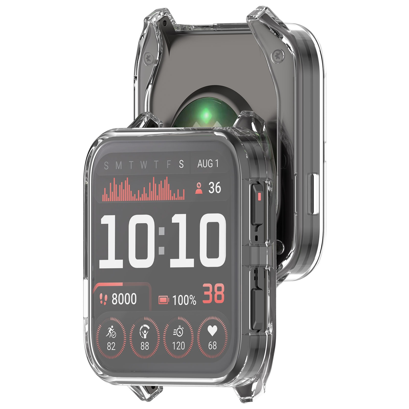 Smartwatch con schermo che mostra ora, passi e metriche di salute, racchiuso in una cover protettiva trasparente.