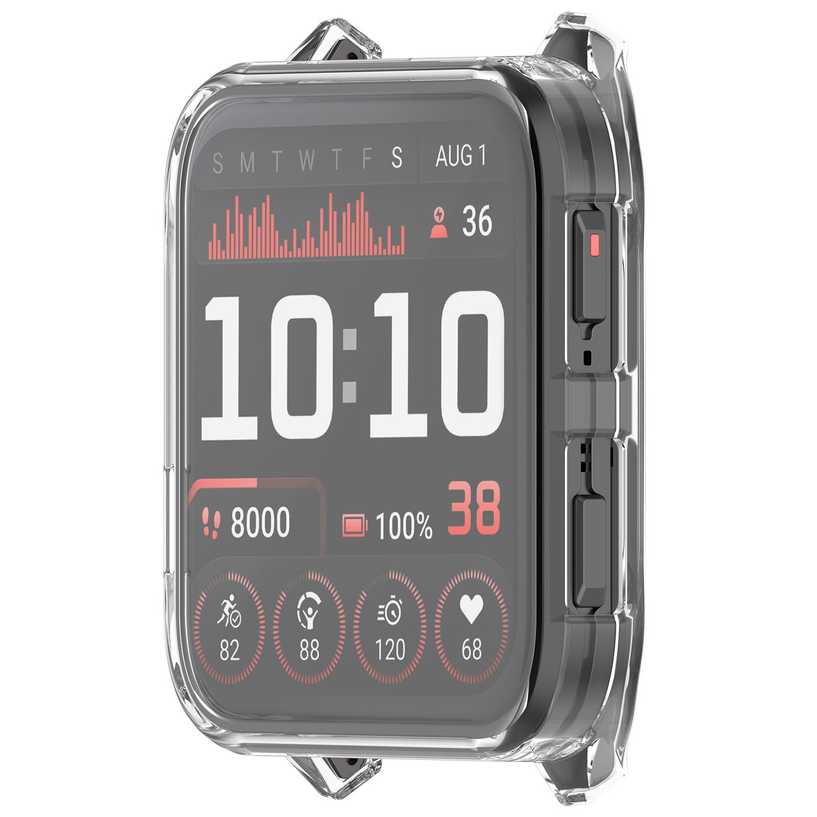 Uno smartwatch con custodia trasparente mostra ora, passi, batteria e frequenza cardiaca. Custodia trasparente con pulsanti laterali.