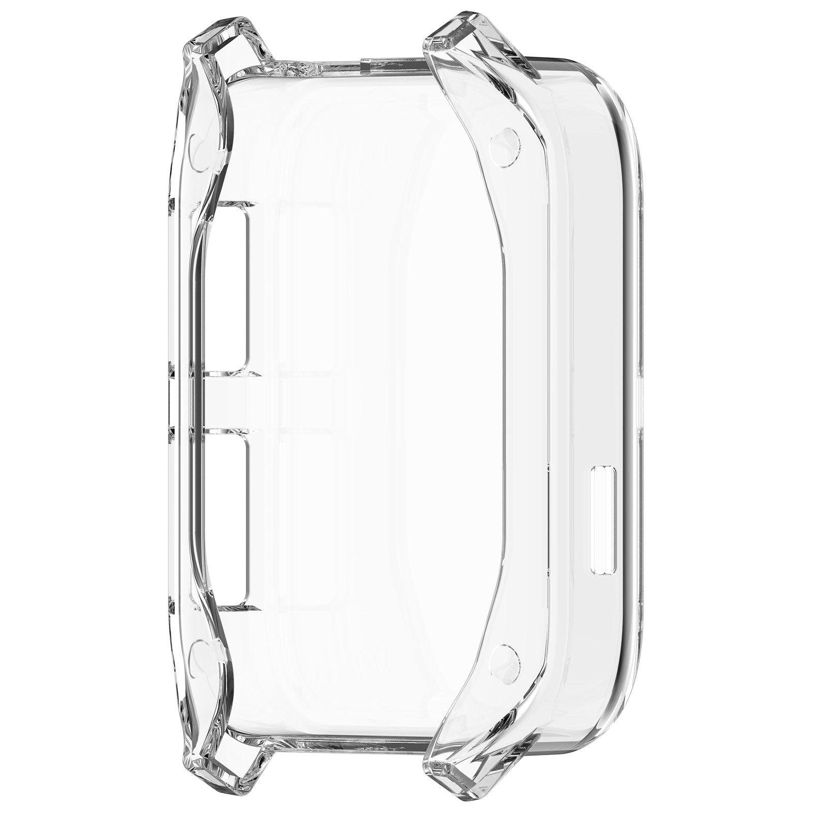 Una custodia trasparente per orologio, progettata per proteggerlo. Ha una forma rettangolare con bordi curvi e aperture.
