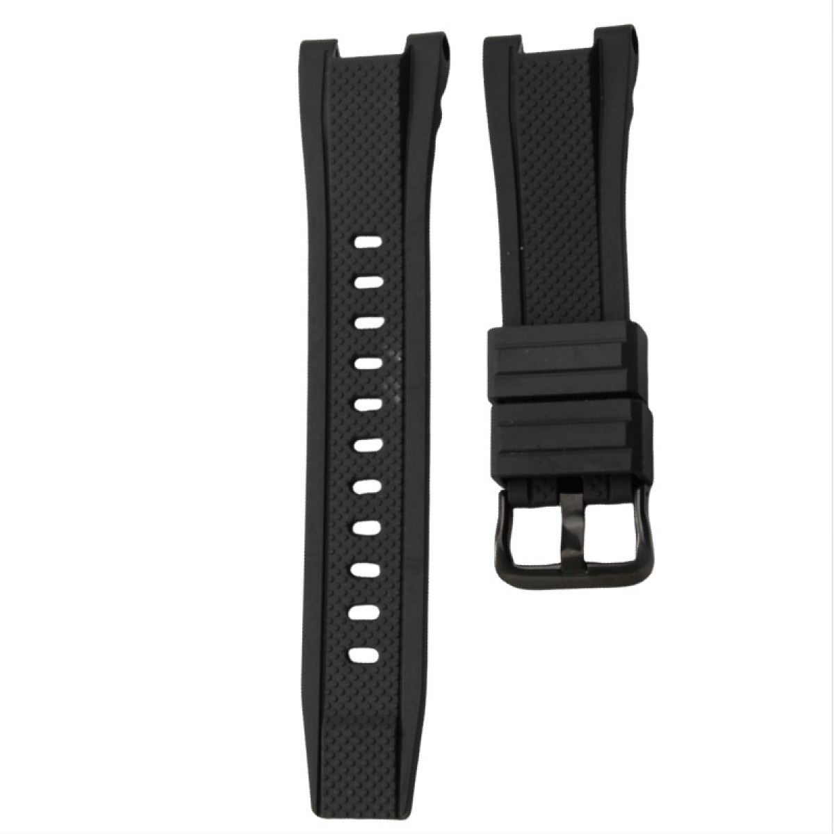 Zwei schwarze Uhrenarmbänder, eines mit Löchern, das andere mit einer Schnalle. Beide auf weißem Hintergrund.