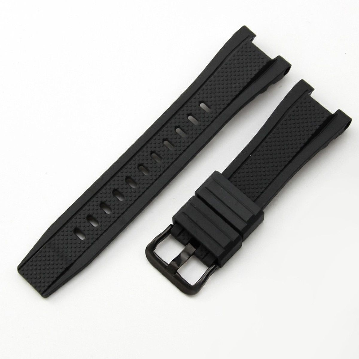 Zwei schwarze Uhrenarmbänder auf weißem Hintergrund. Eines hat Löcher, das andere eine Schnalle. Beide haben strukturierte Oberflächen.