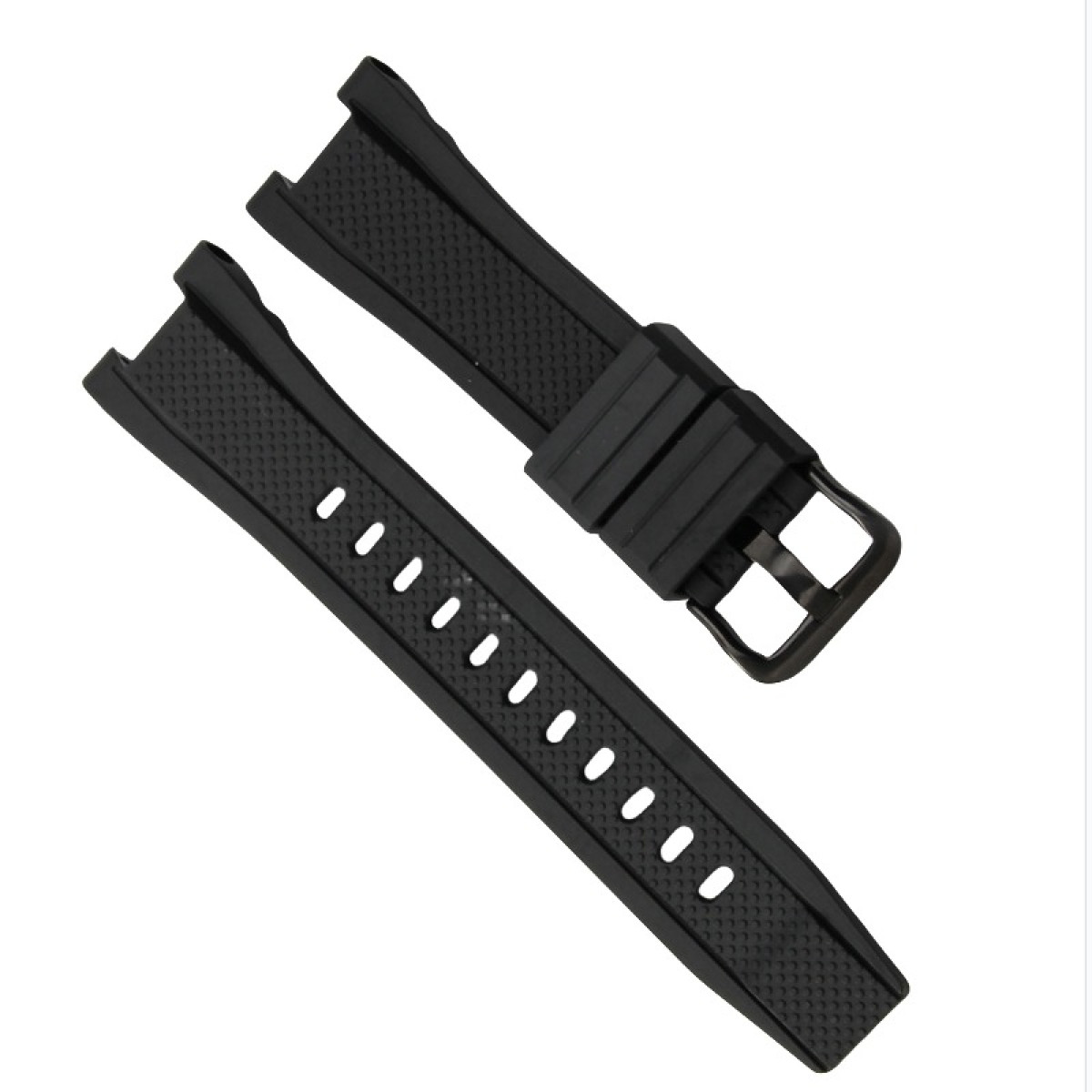 Zwei schwarze Uhrenarmbänder. Eines mit Löchern, das andere mit einer Schnalle. Beide haben strukturierte Oberflächen und sind vor weißem Hintergrund.