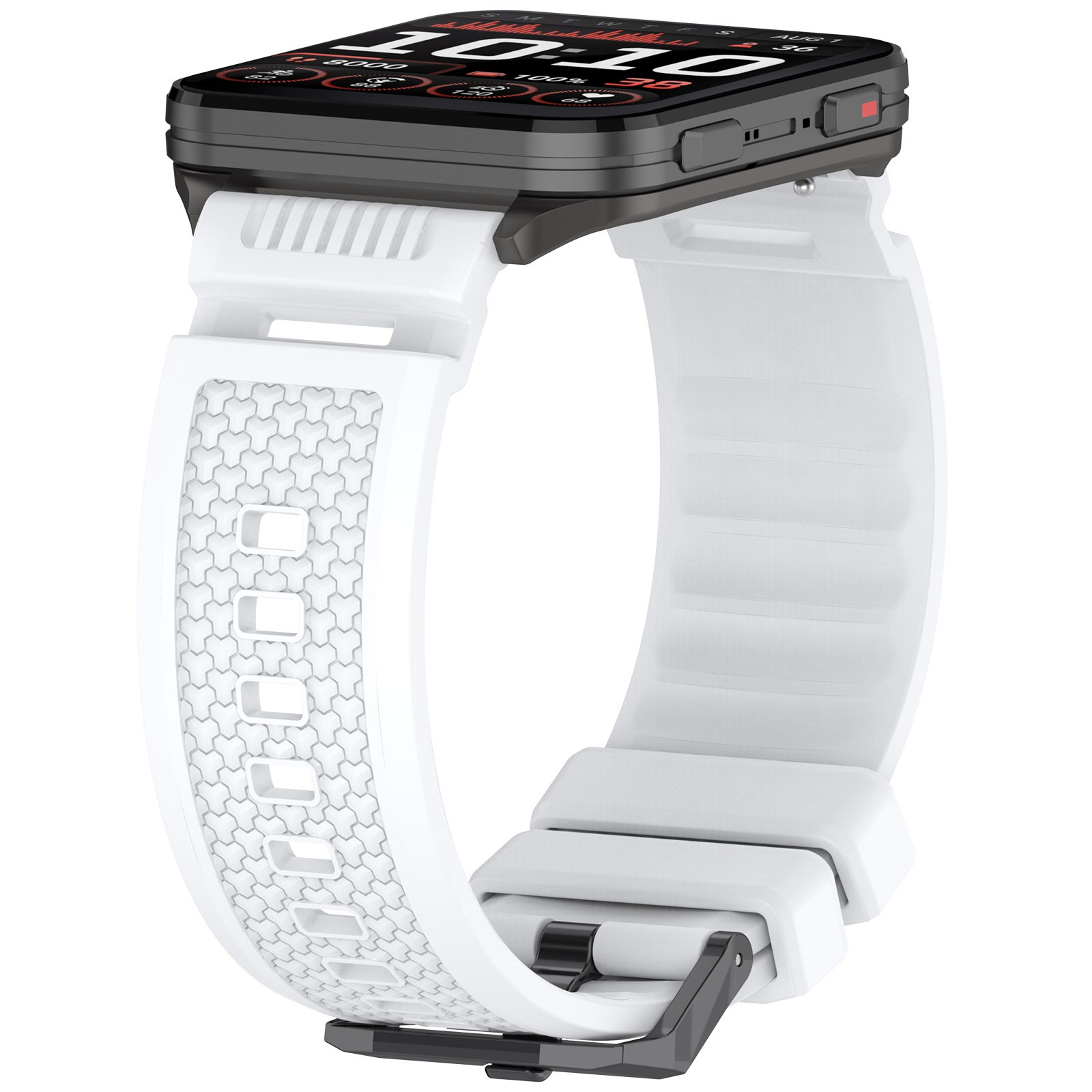 Eine weiße Smartwatch mit schwarzem Bildschirm, der Uhrzeit und Daten anzeigt. Das Armband ist weiß und gemustert.