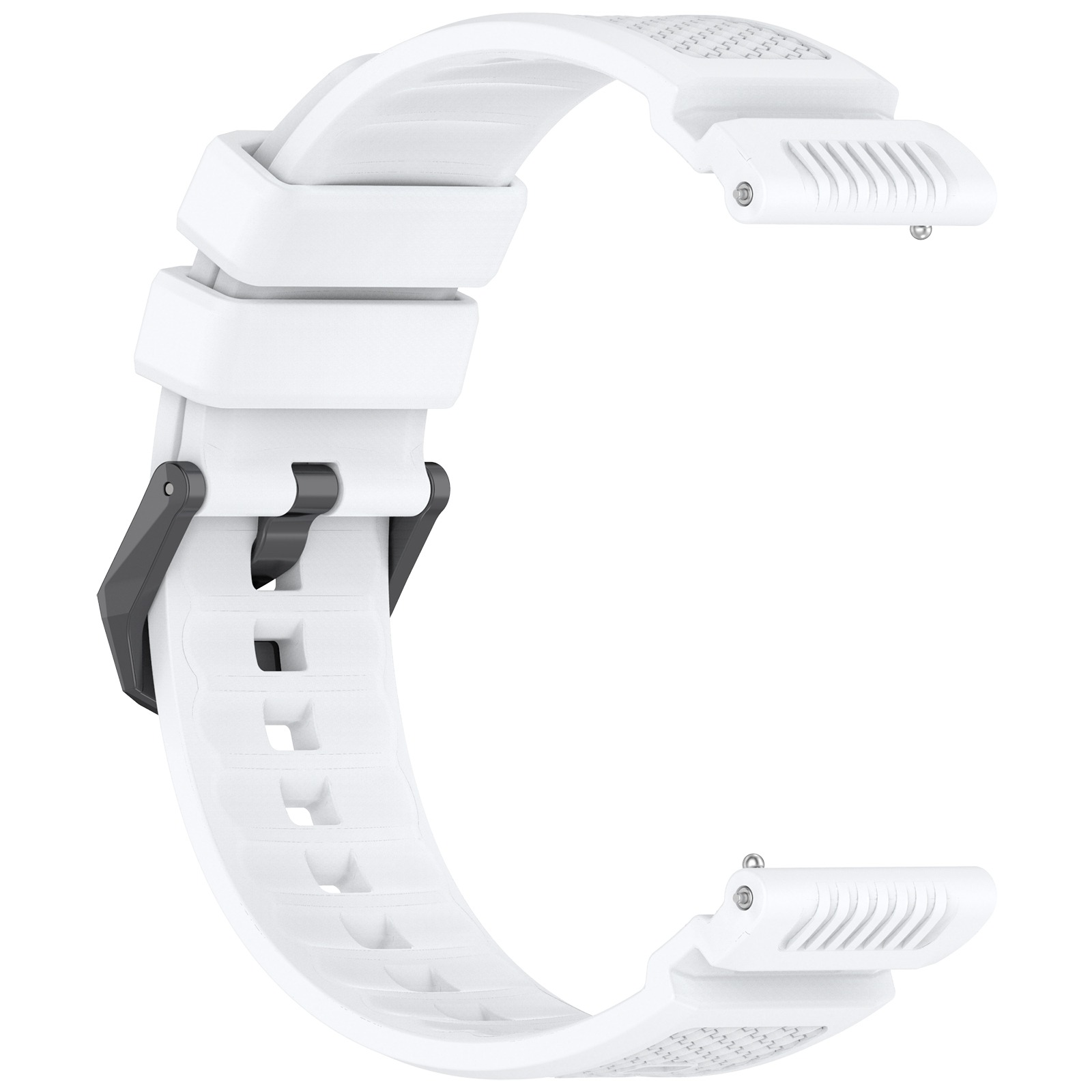 Weißes, gebogenes Uhrenarmband mit schwarzer Schließe und Metallstiften. Das Armband hat strukturierte Oberflächen.