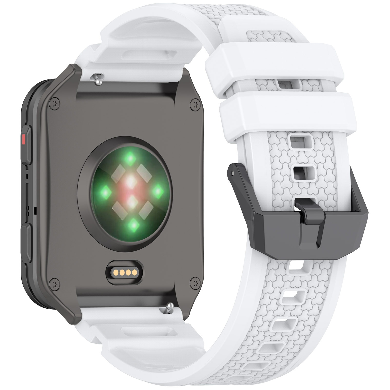 Eine Smartwatch mit weißem Armband und dunkelgrauem Zifferblatt. Die Rückseite hat einen Herzfrequenzsensor.