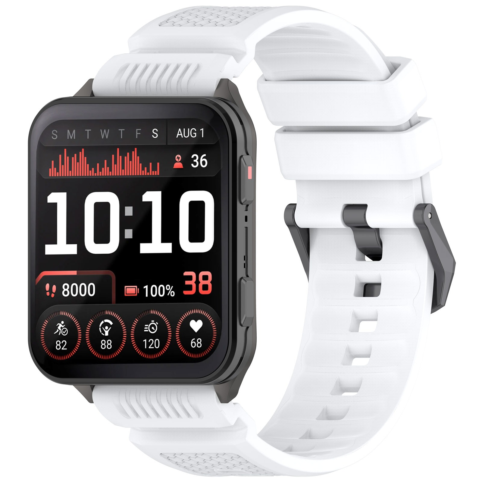 Eine Smartwatch mit schwarzem Bildschirm, der Zeit, Datum und Aktivitätsmetriken anzeigt. Sie hat ein weißes Armband. Der Bildschirm zeigt Schritte, Akku und Herzfrequenz.