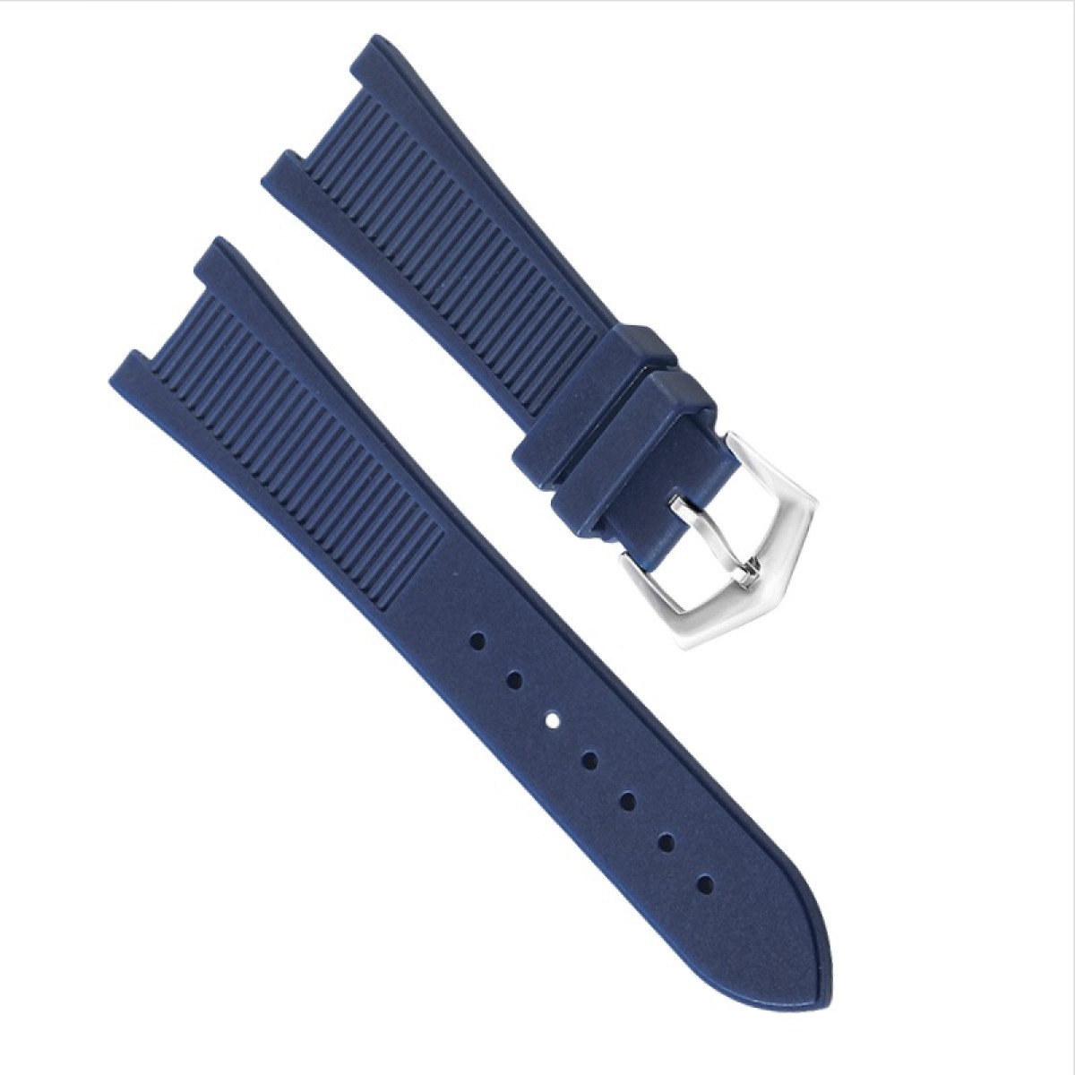 Un cinturino blu navy con fibbia argentata. Il cinturino ha una superficie strutturata e diversi fori.