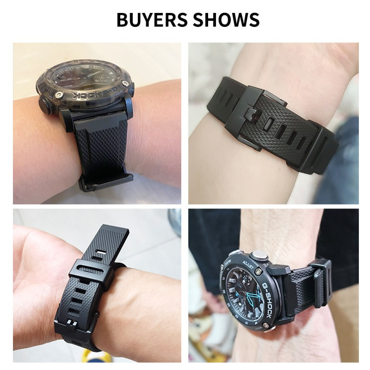 Quattro immagini mostrano orologi e cinturini neri su polsi. Gli orologi presentano vari design, con chiara visibilità del marchio G-SHOCK.