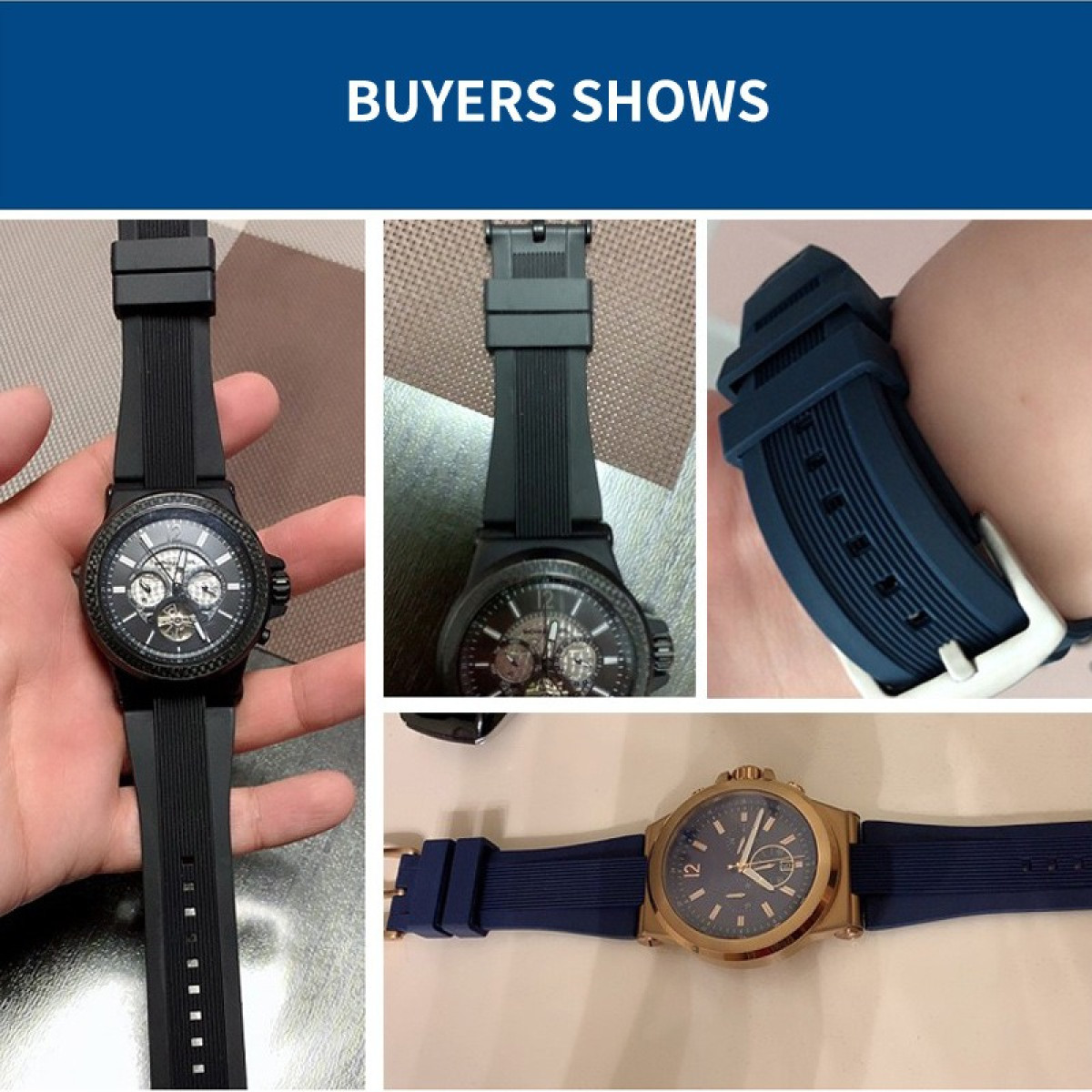 Immagini multiple di orologi. Orologio nero con cinturino nero. Orologio con cinturino blu. Orologio dorato con cinturino blu. Testo 'Mostre degli acquirenti'.