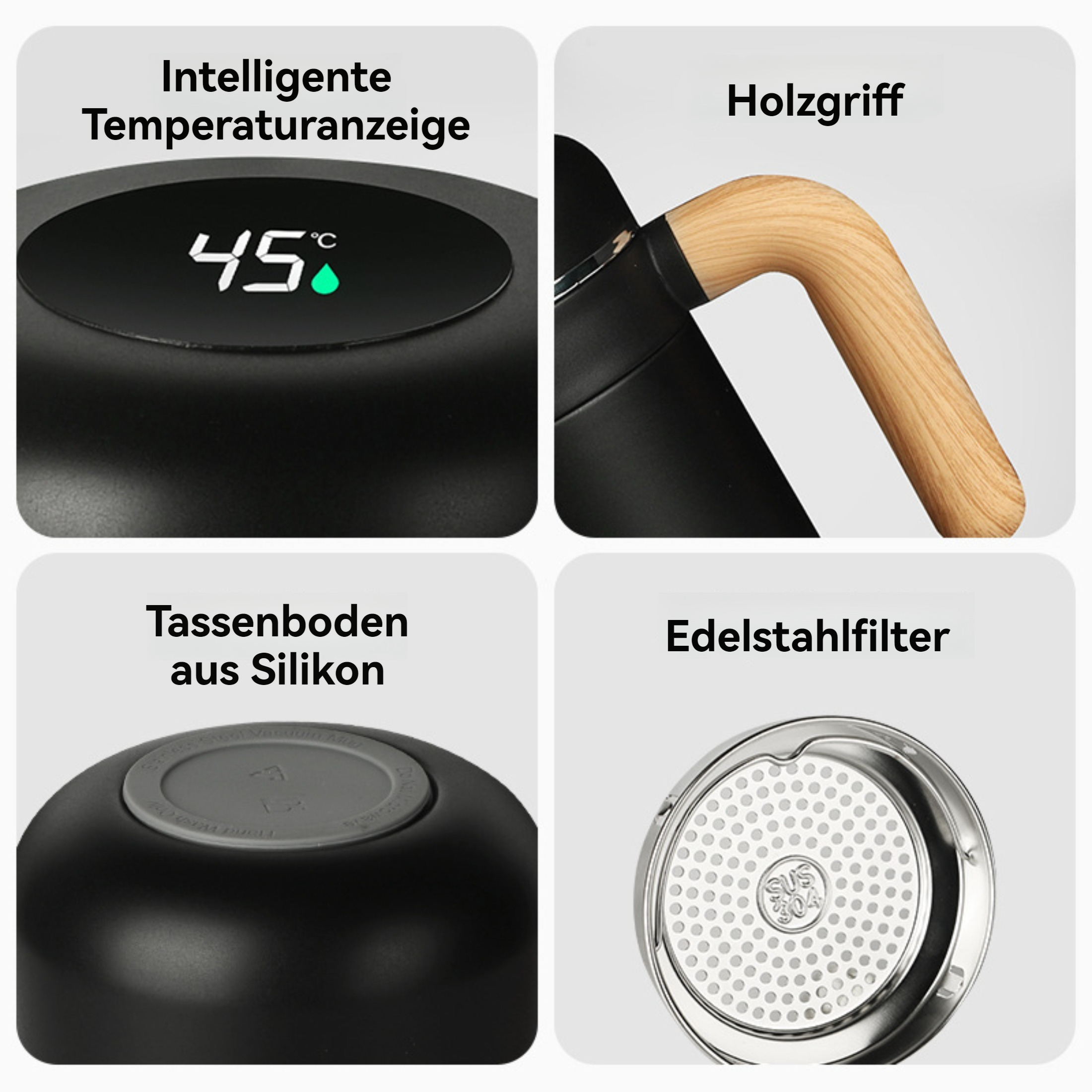 Das Bild zeigt Nahaufnahmen eines schwarzen Wasserkochers mit Holzgriff, digitaler Anzeige mit 45 °C, Silikonboden und Stahlfilter.