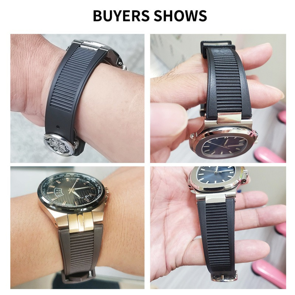 Quattro immagini che mostrano orologi da polso con cinturini neri o marroni. Sono visibili mani che tengono o indossano gli orologi. 'Buyers shows' è scritto sopra.