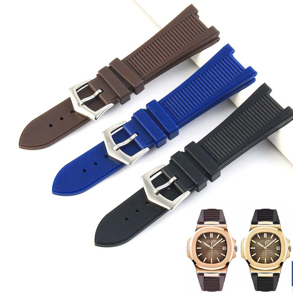 Tre cinturini per orologi: marrone, blu e nero. Ognuno ha una fibbia argentata. In basso sono mostrati due orologi con cinturini marroni e neri.