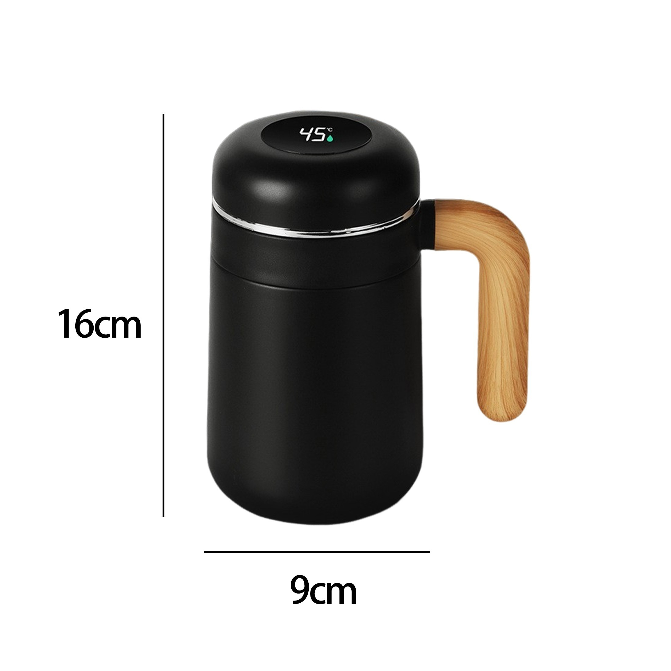 Ein schwarzer Reisebecher mit Holzgriff. Er hat eine Digitalanzeige mit 45 Grad. Die Abmessungen sind 16 cm x 9 cm.