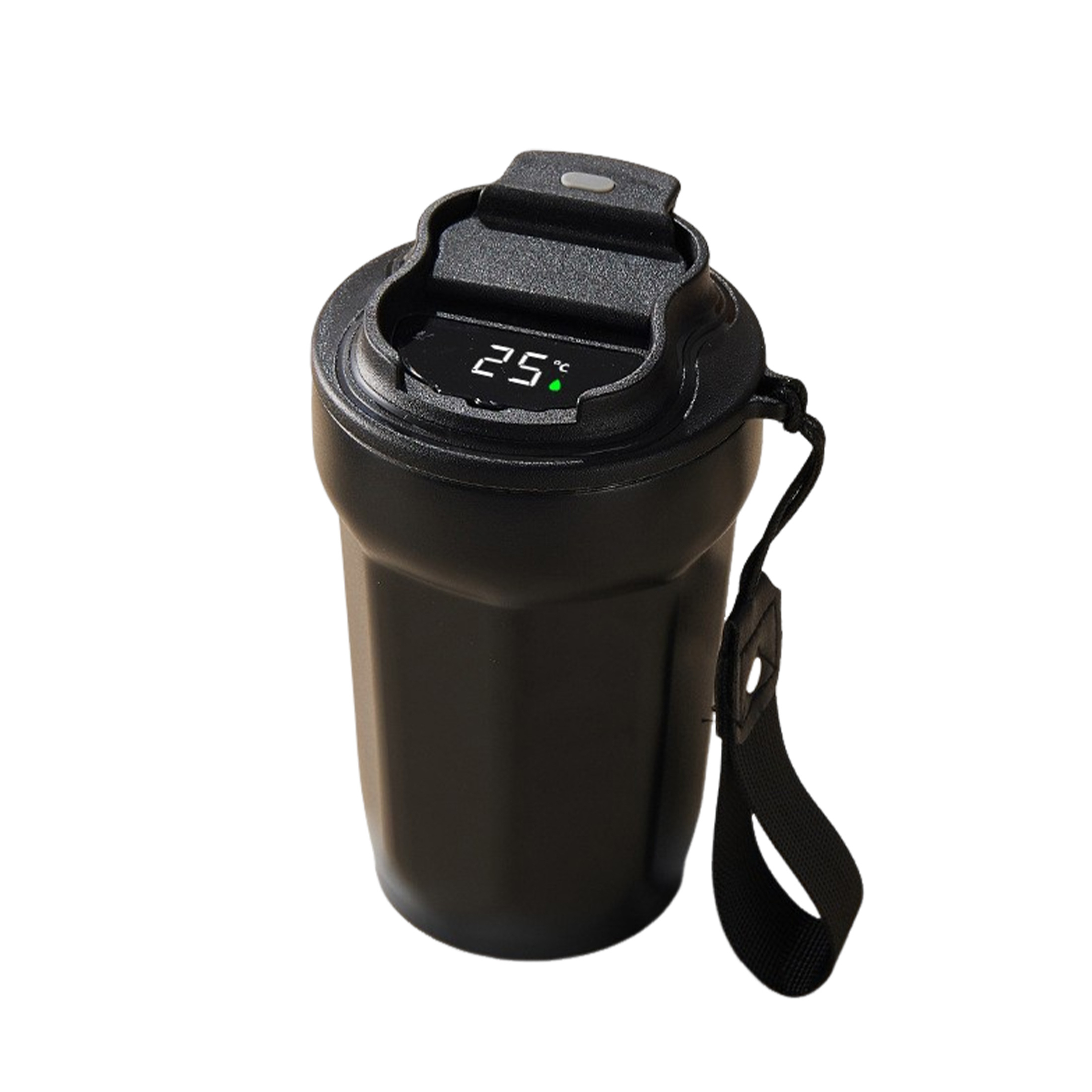 Schwarze isolierte Wasserflasche mit digitaler Anzeige, die 25 Grad anzeigt. Sie hat einen Riemen und einen Deckel.
