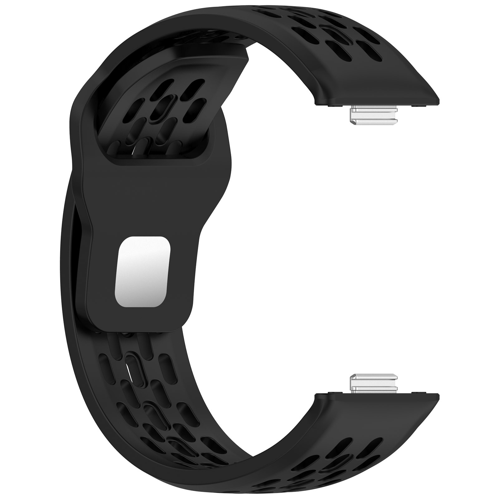 Un cinturino nero per smartwatch con multiple perforazioni ovali. Ha connettori metallici ad entrambe le estremità e un fermaglio rettangolare.