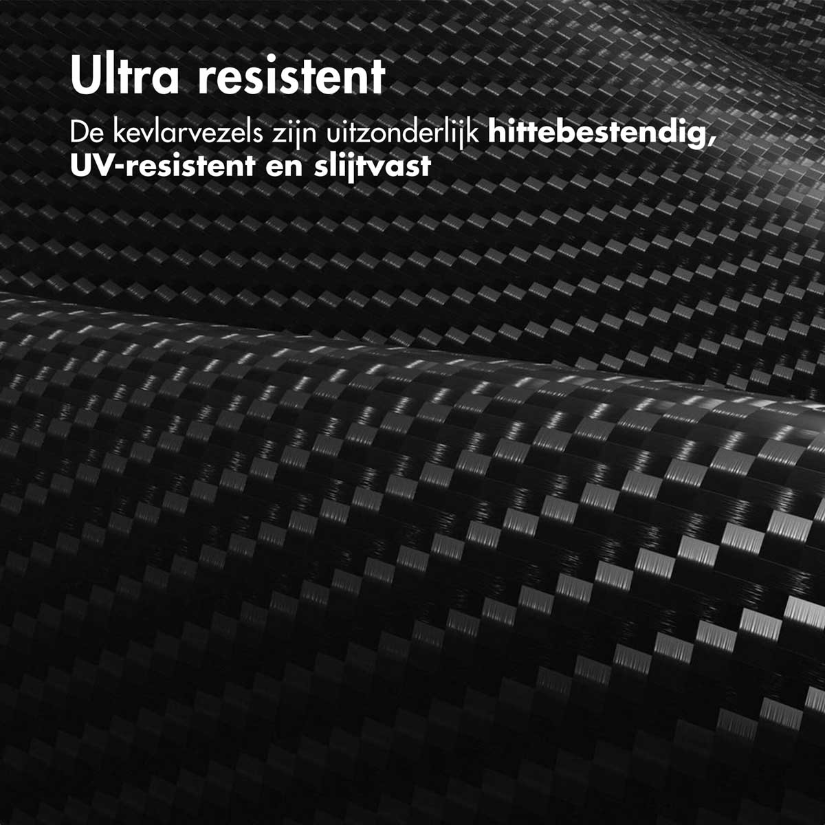 Gros plan sur un tissu noir texturé avec un motif carré répétitif. Texte : Ultra résistant. Résistant à la chaleur, aux UV et à l'usure.