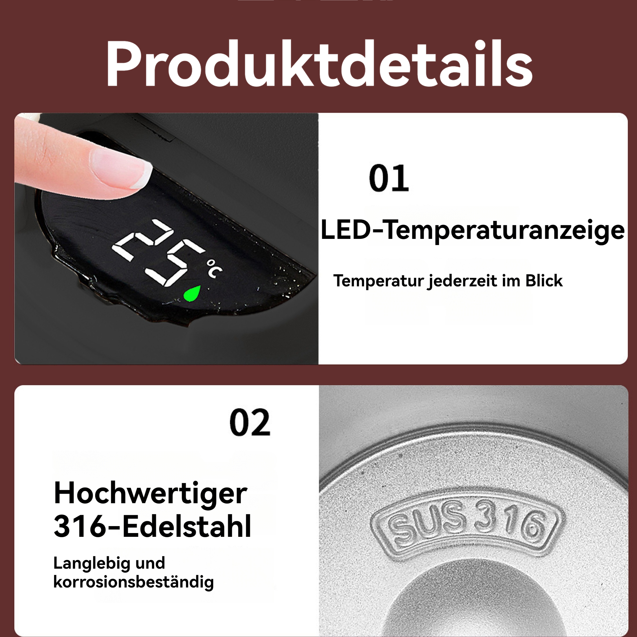 Eine Hand berührt einen schwarzen Bildschirm mit 25 Grad. Der Text lautet 'LED-Temperaturanzeige' und 'Hochwertiger Edelstahl'.