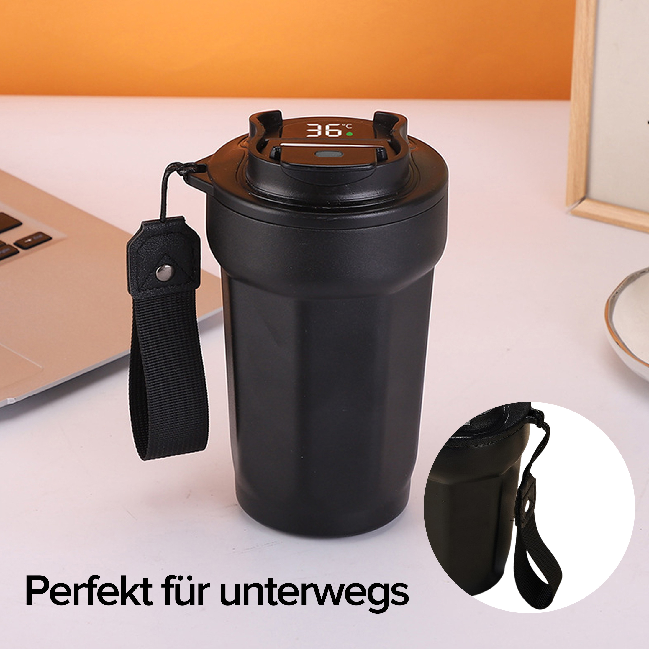 Schwarzer Reisebecher mit Temperaturanzeige, Riemen und Nahaufnahme im Kreis. 36°C werden auf dem Deckel angezeigt.