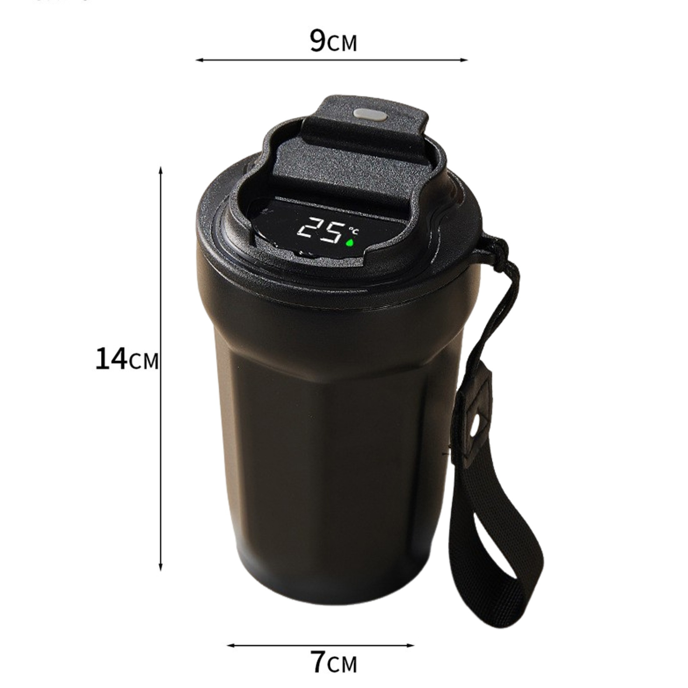 Schwarze intelligente Wasserflasche mit Digitalanzeige, die 25°C anzeigt. Sie hat einen Griff und misst 14cm x 9cm x 7cm.