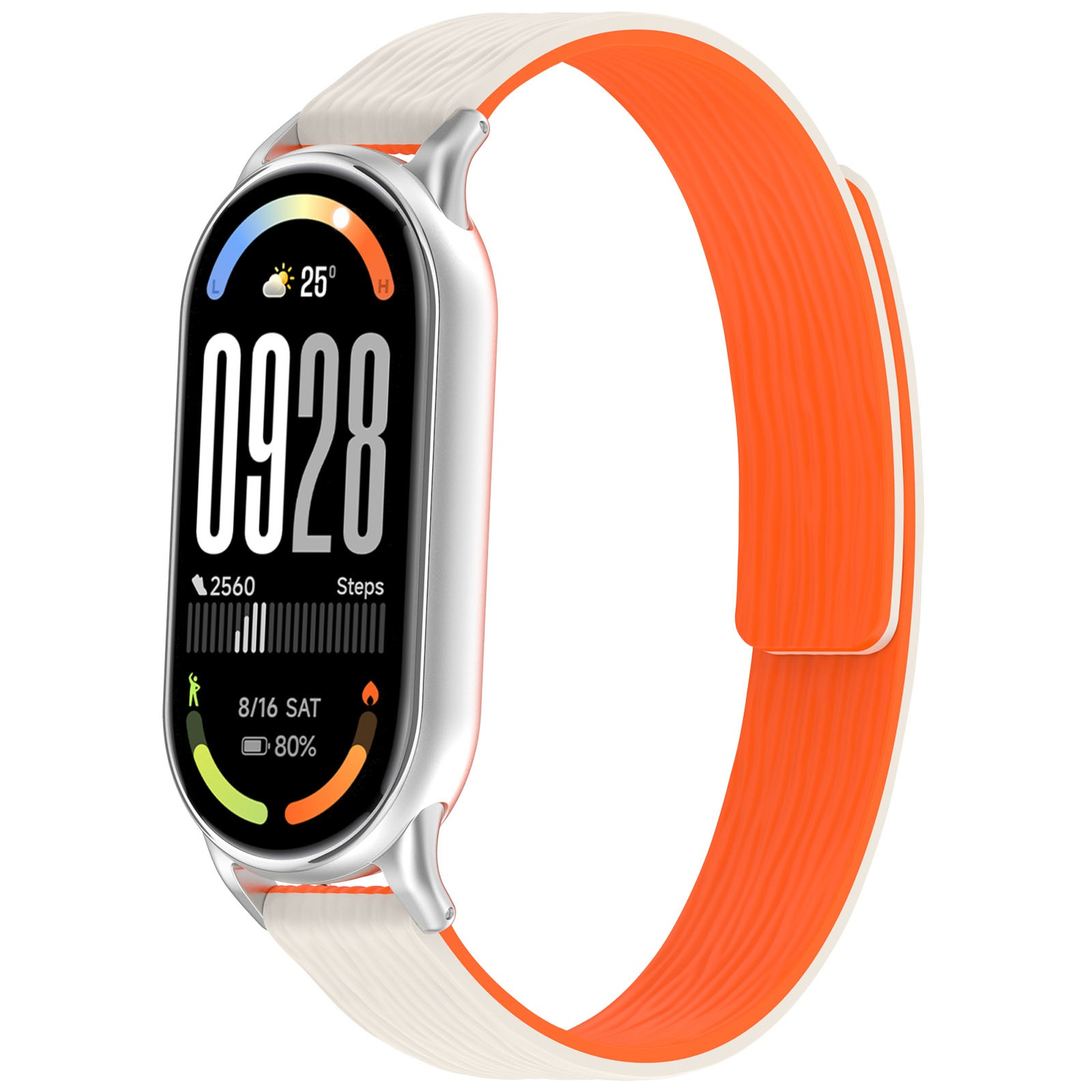 Uno smartwatch con cassa argentata e cinturino bianco e arancione. L'orologio mostra l'ora, i passi, il meteo e la durata della batteria.