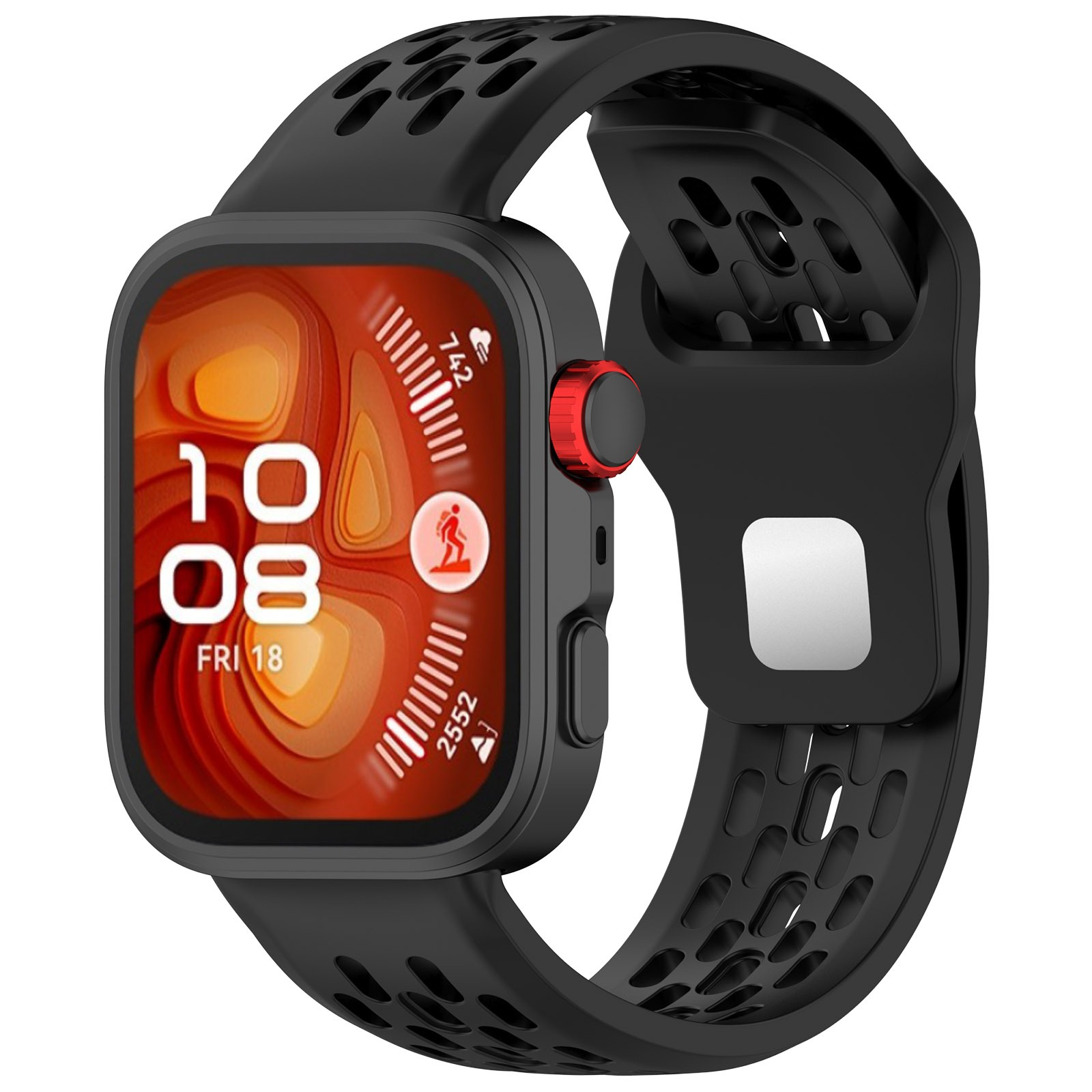 Smartwatch nera con pulsante rosso, mostra ora e dati attività. Cinturino nero con fori. Display arancione e bianco.
