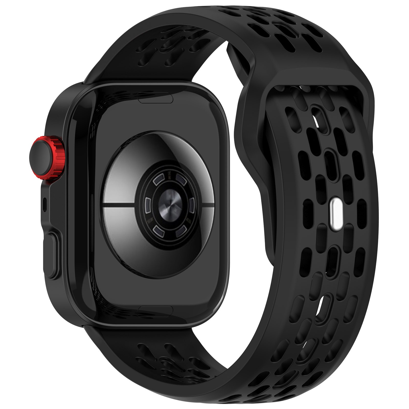 Smartwatch nera con cinturino nero con fori. L'orologio ha un pulsante rosso. Lo schermo è nero.