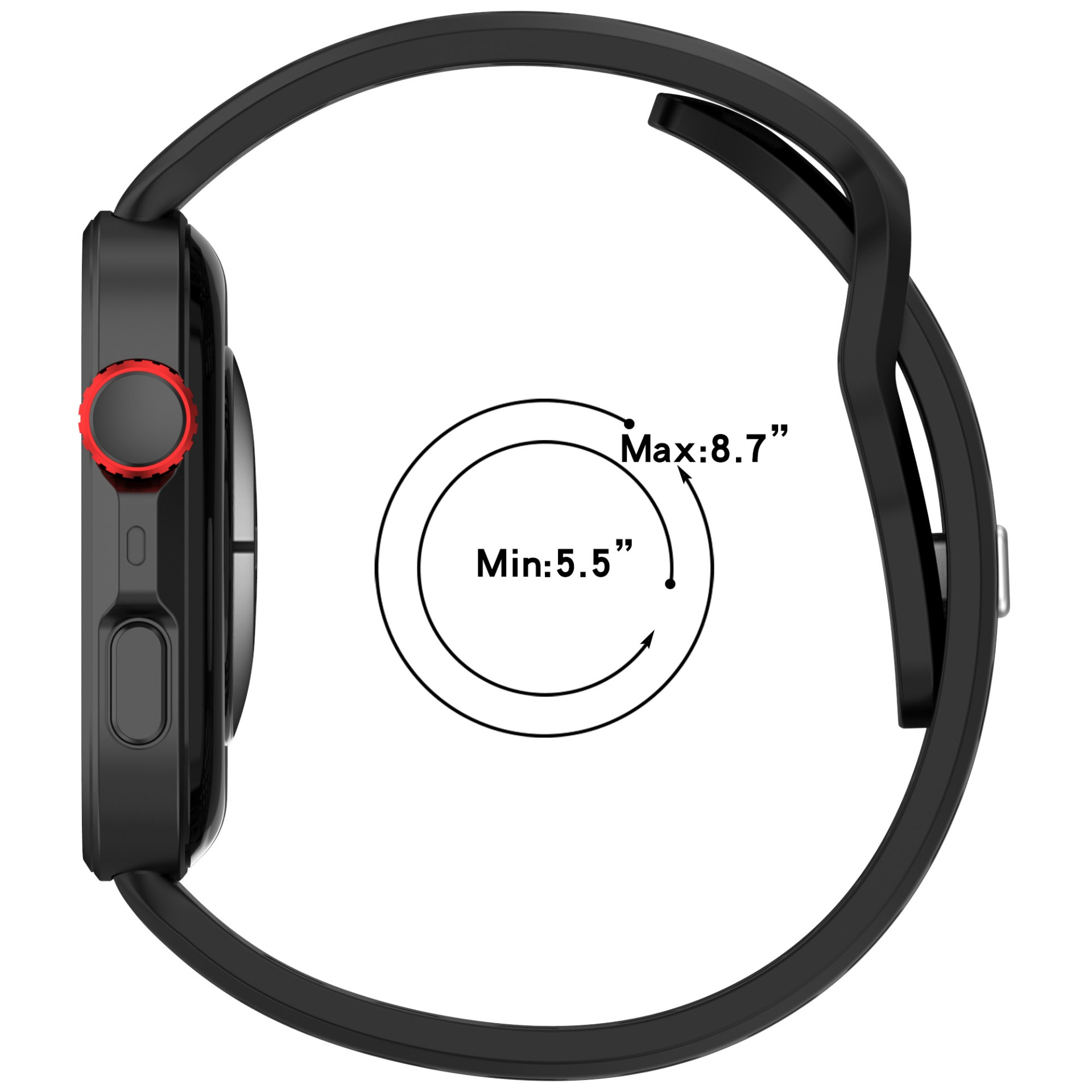 Smartwatch nera con pulsante rosso, cinturino nero. Il testo mostra le dimensioni min e max.