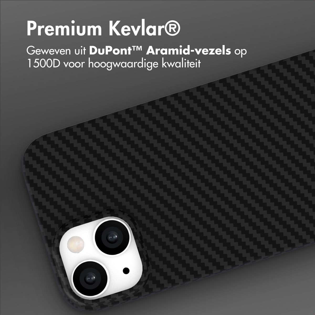 Close-up of a black phone case with a carbon fiber texture. The phone's camera module is visible. Text at the top reads 'Premium Kevlar'.