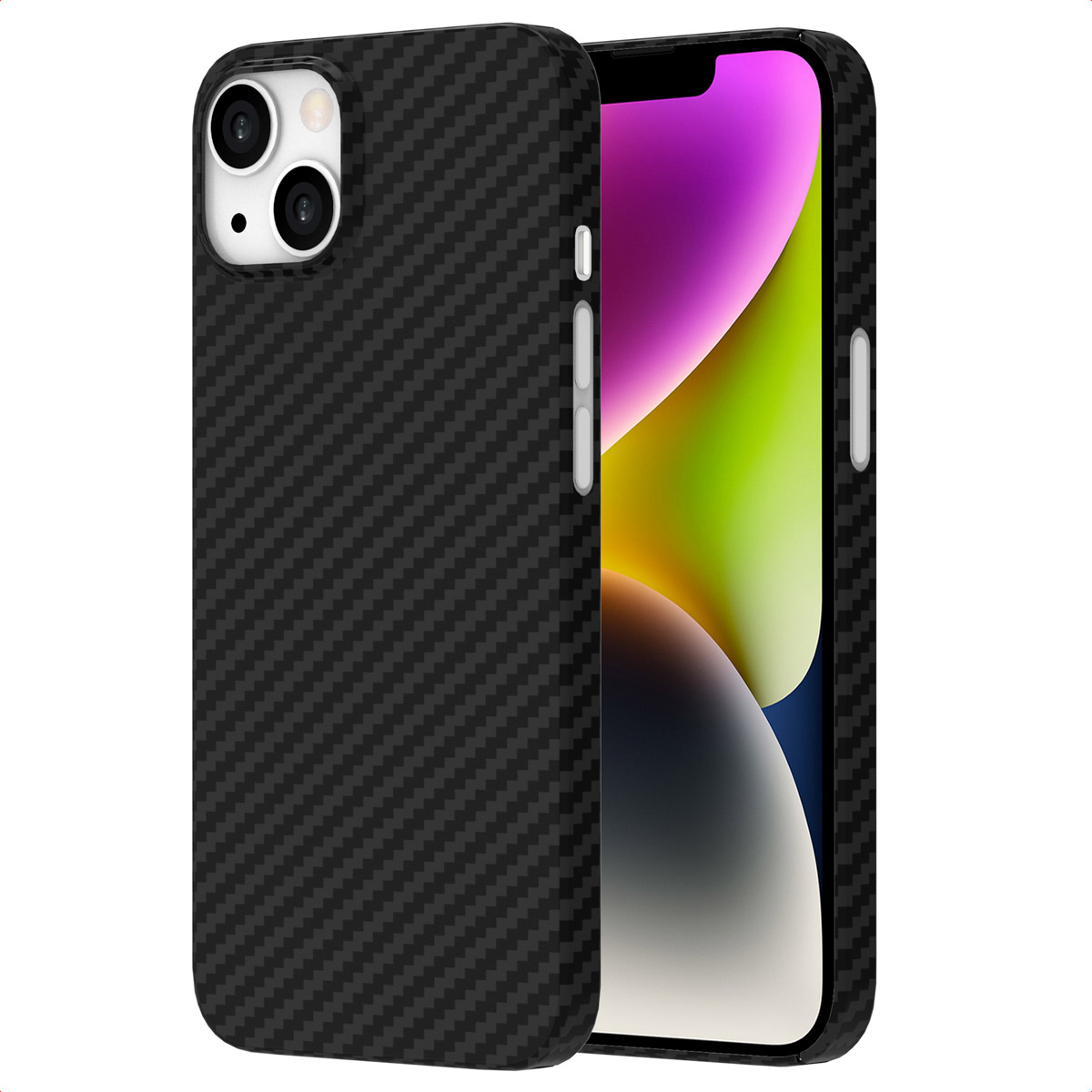 Een zwarte telefoonhoes van koolstofvezel met een telefoon erin. Het telefoonscherm toont een kleurrijke gradiënt. De hoes heeft camera-uitsparingen.