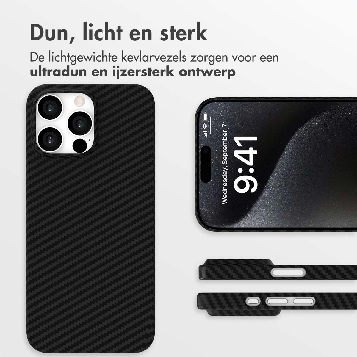 Zwarte telefoonhoes met een koolstofvezeltextuur. Het scherm toont de tijd 9:41 op een woensdag. Een los onderdeel van de hoes ligt eronder.