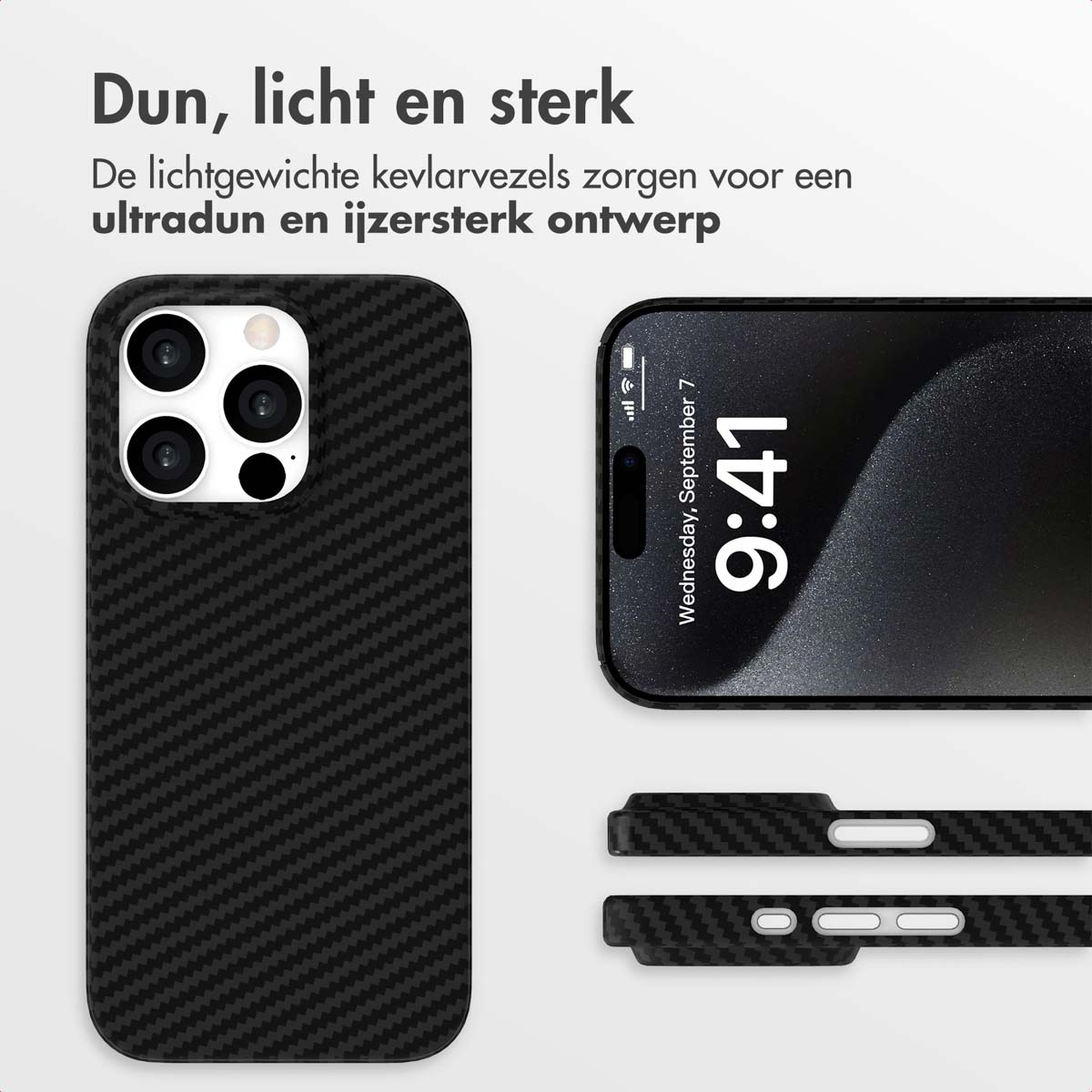 L'image montre une coque de téléphone avec une texture en fibre de carbone et un téléphone affichant 9h41, mercredi 7 septembre.