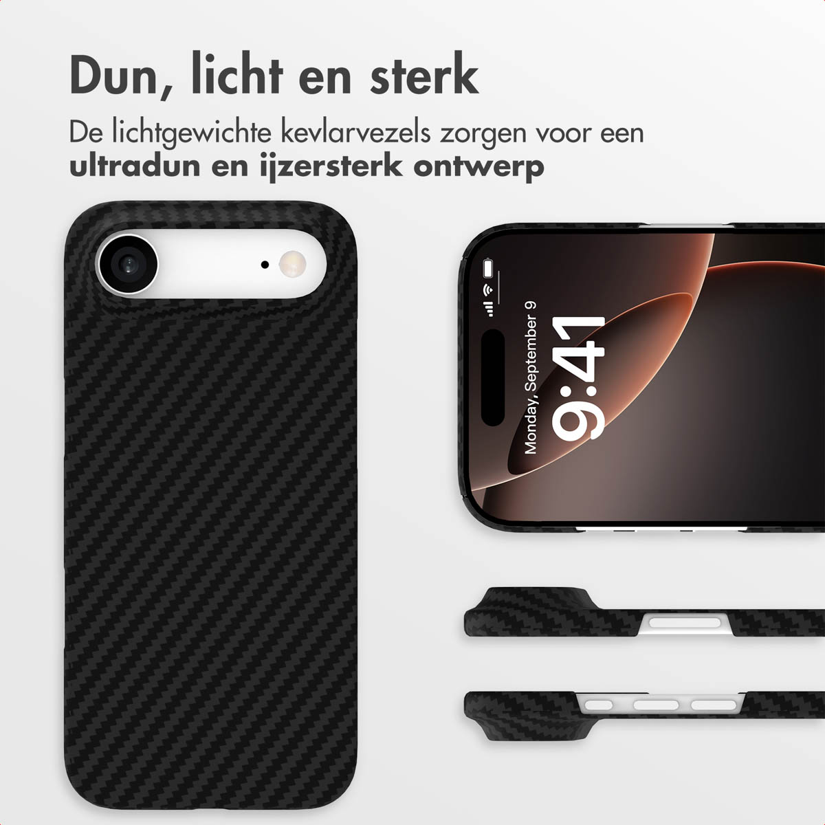 Un étui de téléphone noir avec un motif en fibre de carbone. Un téléphone affichant l'heure. Texte : Mince, léger et solide.