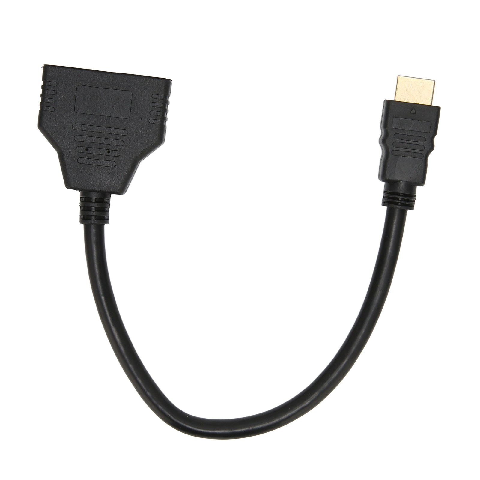 Schwarzes HDMI-Splitterkabel auf weißem Hintergrund. Ein Ende ist ein Stecker, das andere ein Splitter.