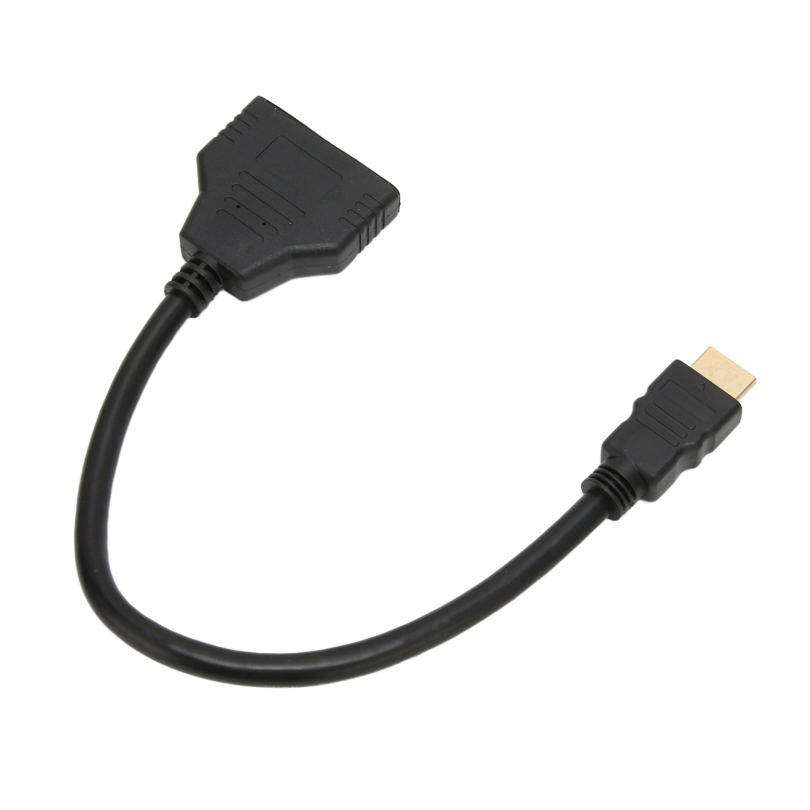 Ein schwarzes HDMI-Splitterkabel vor weißem Hintergrund. Es hat zwei Stecker und ein Buchsenende.