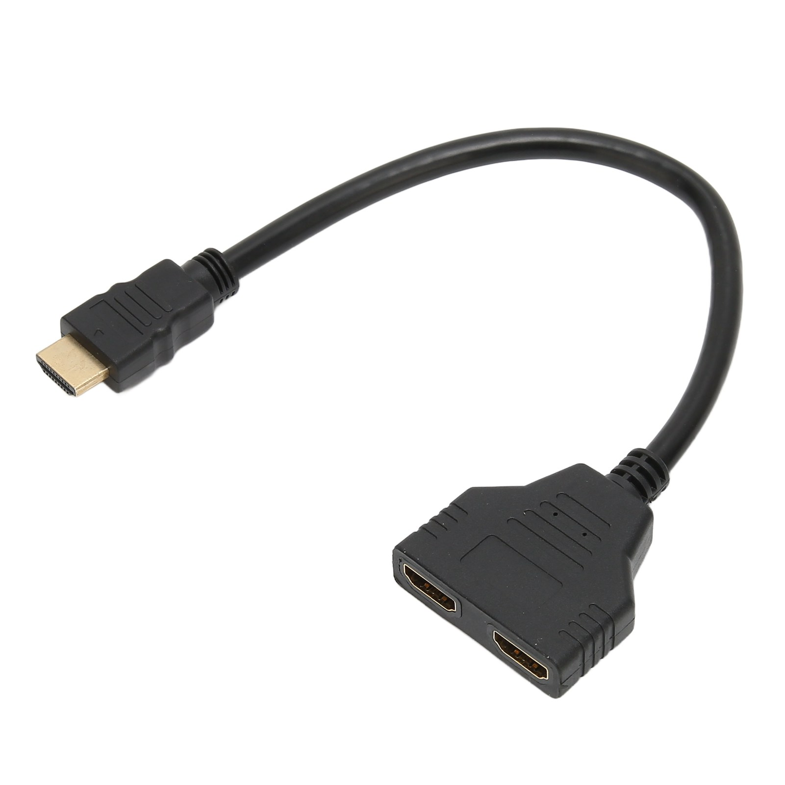 Schwarzes HDMI-Splitter-Kabel. Ein Ende hat einen einzelnen Stecker, das andere zwei. Weißer Hintergrund.