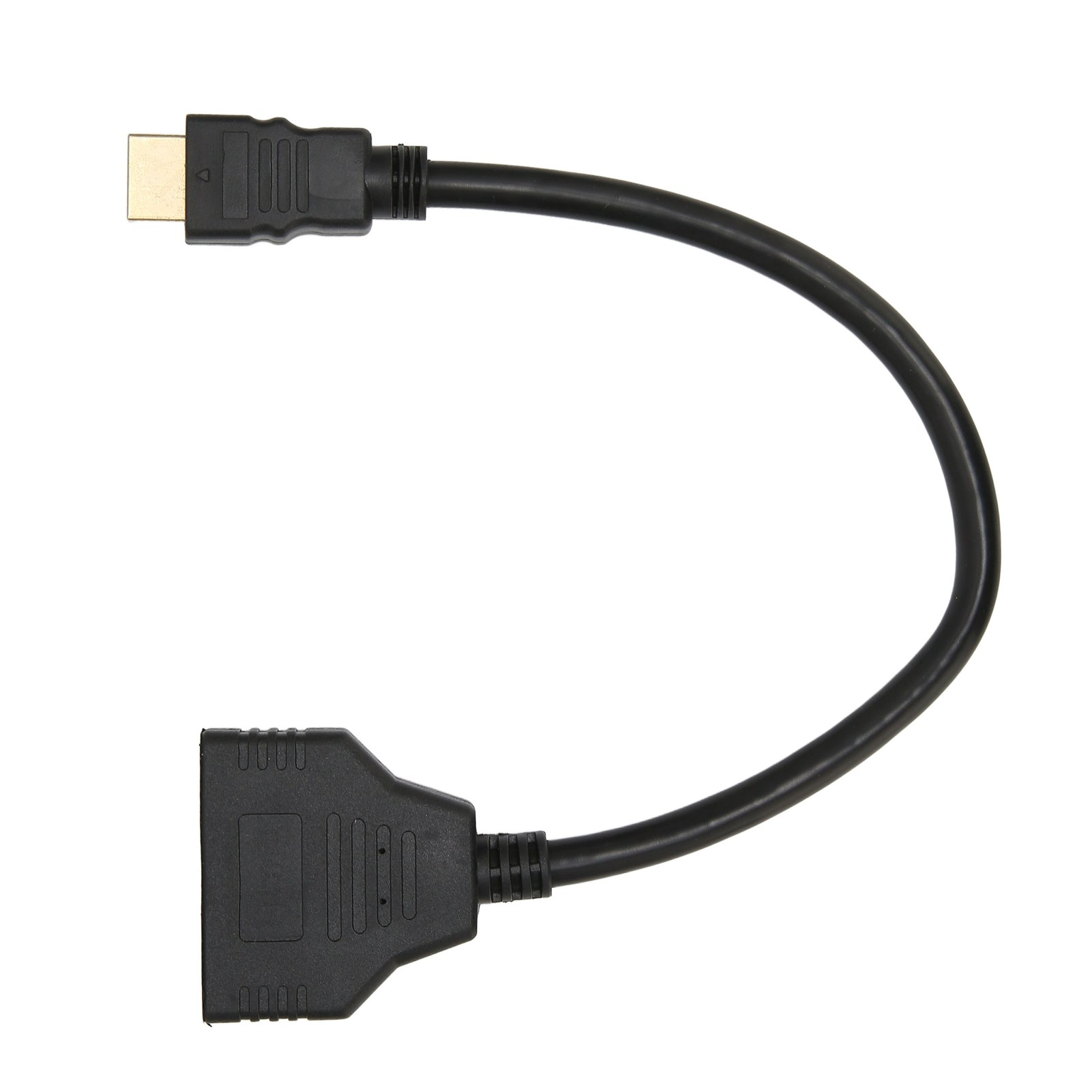 Ein HDMI-Splitterkabel mit schwarzen Steckern und einem schwarzen Kabel. Der Hintergrund ist weiß.