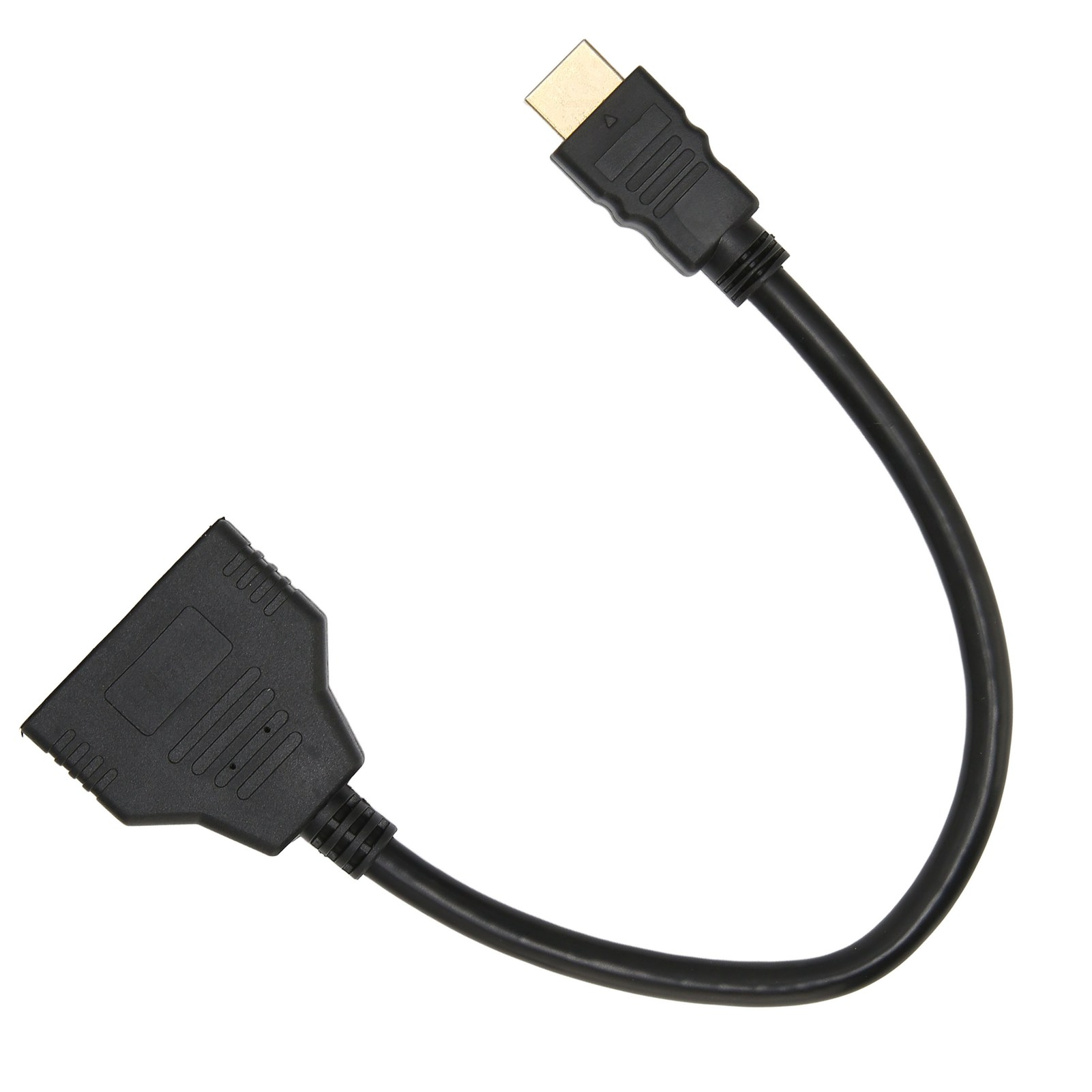 Schwarzes HDMI-Splitterkabel auf weißem Hintergrund. Es hat einen goldenen Stecker und einen Y-förmigen Splitter.