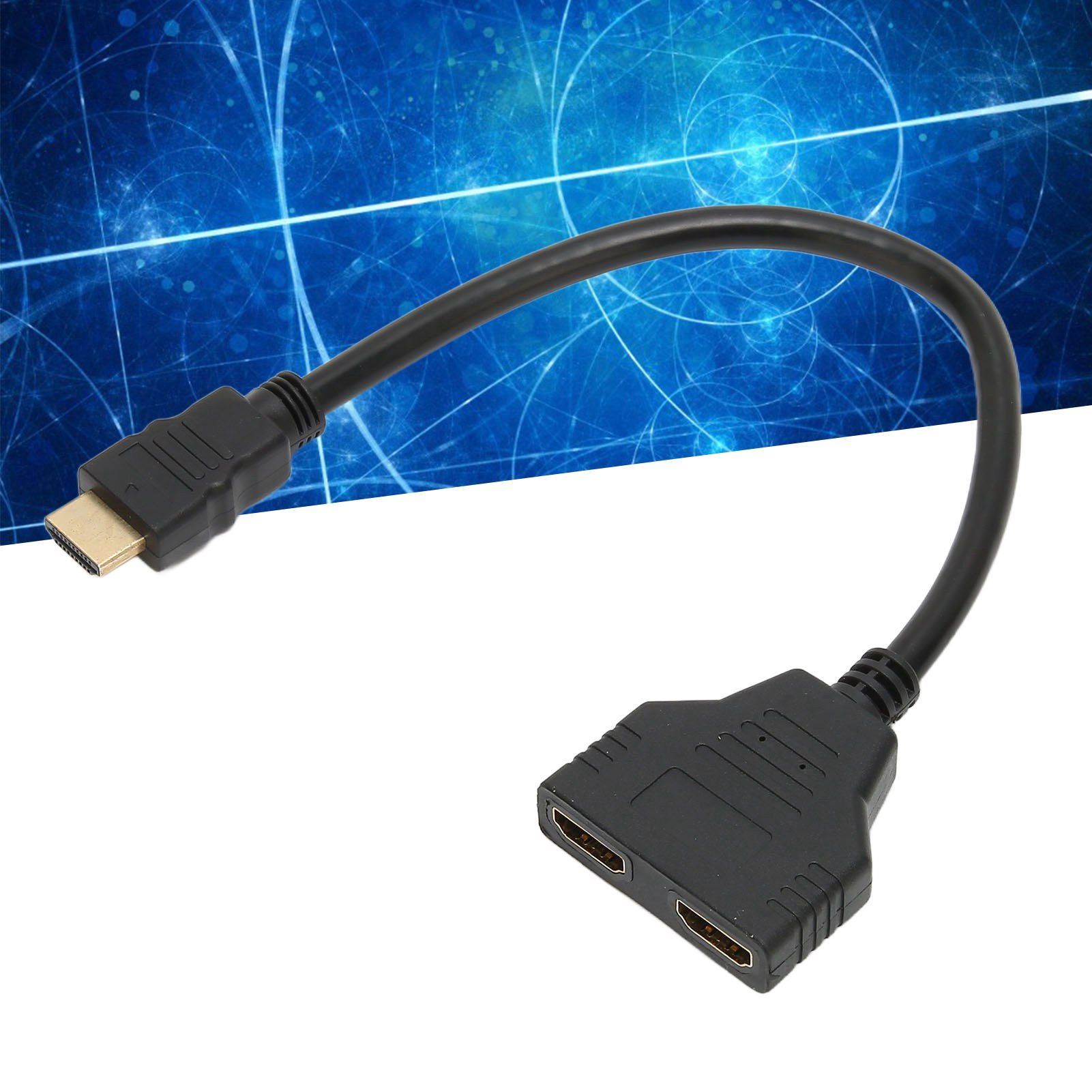 Schwarzes HDMI-Splitterkabel mit zwei Ausgangsanschlüssen und einem Eingang, vor blau-weißem Hintergrund.