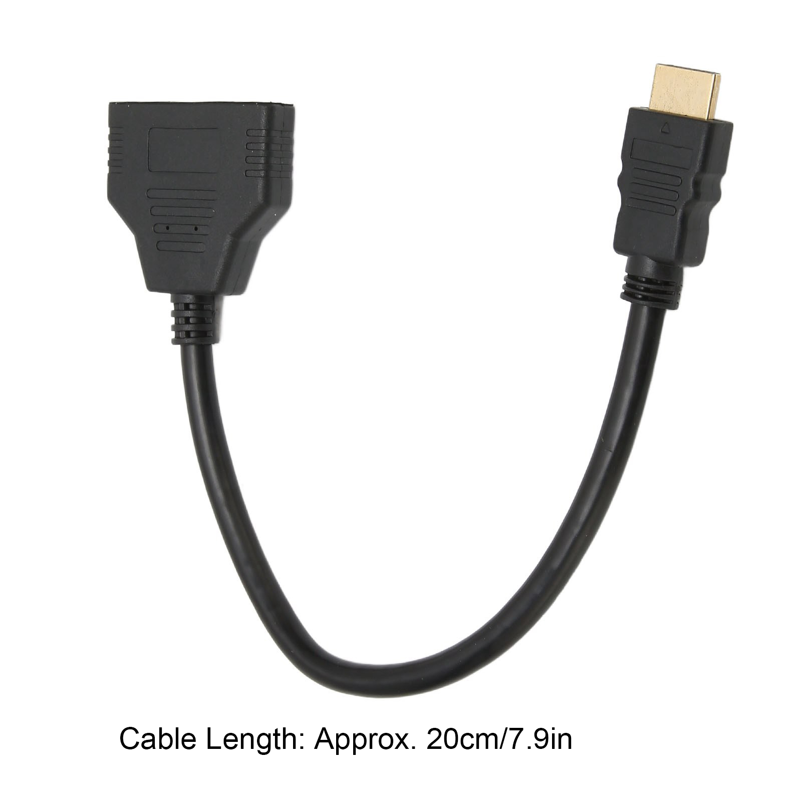 Ein schwarzes HDMI-Kabel mit Anschlüssen an beiden Enden, U-förmig gebogen, vor weißem Hintergrund. Kabellänge ca. 20cm.