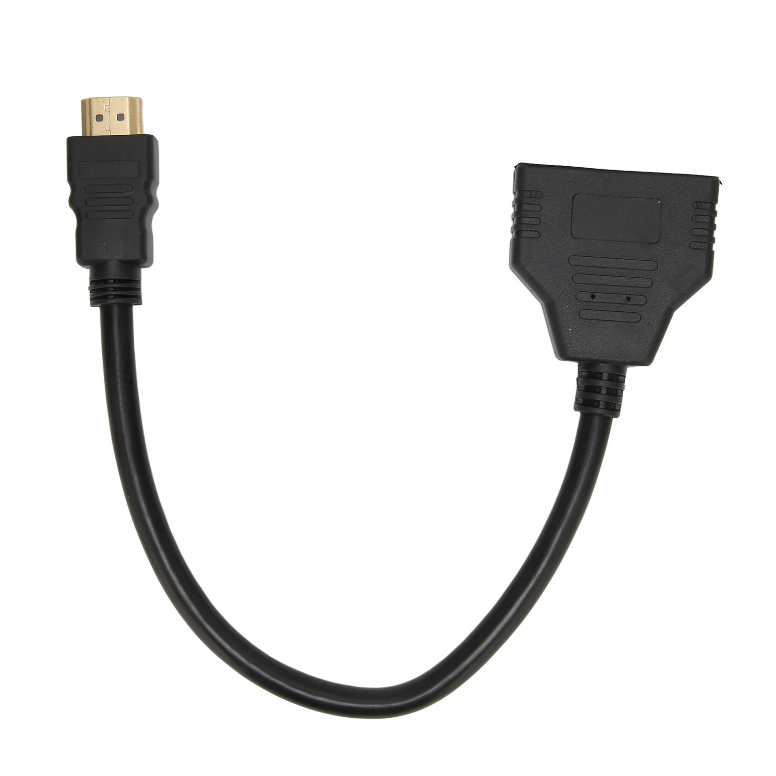 Schwarzes HDMI-Splitterkabel auf weißem Hintergrund. Es hat einen HDMI-Anschluss und einen Splitter mit zwei Anschlüssen.