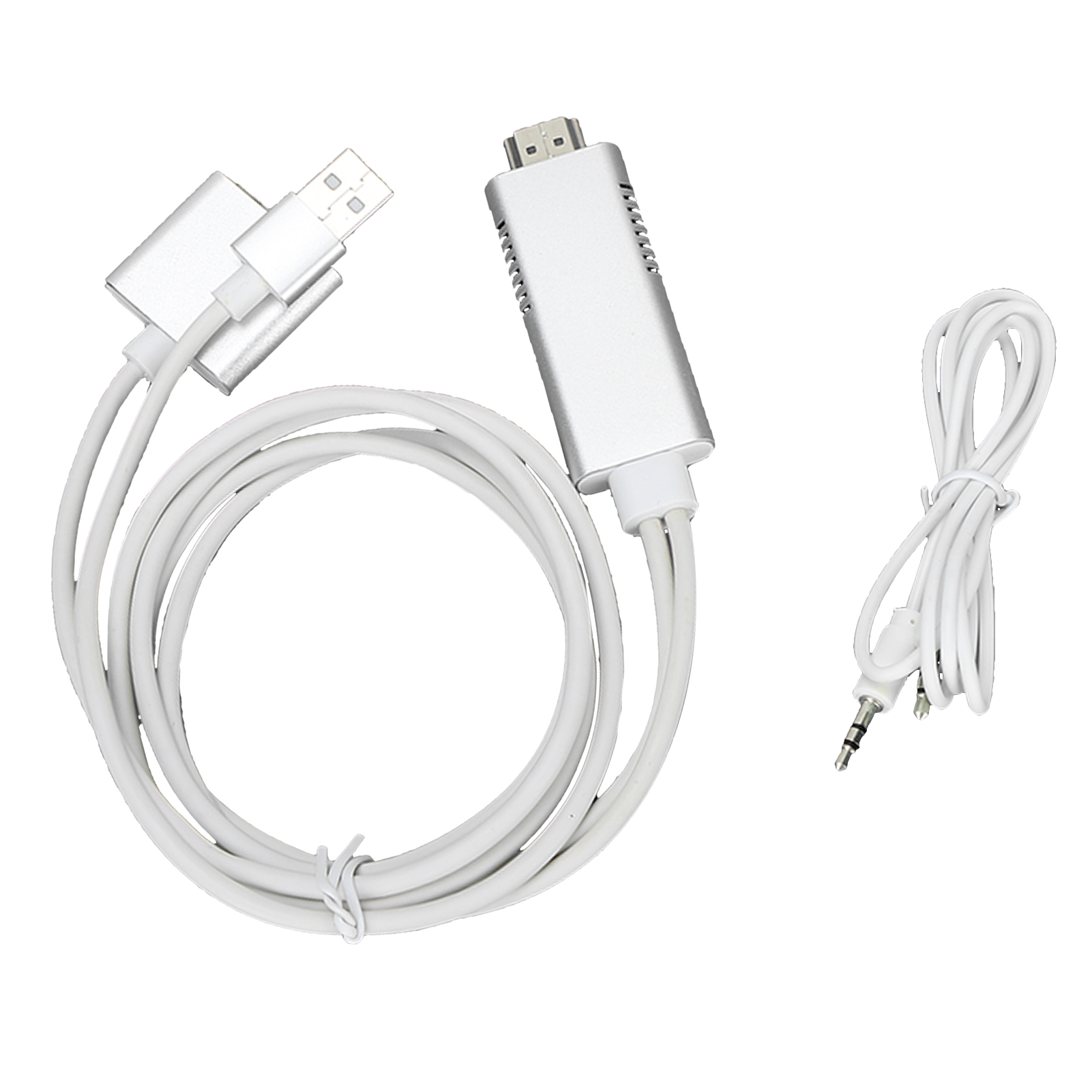 Ein weißes Kabel mit USB-, HDMI- und Audioanschlüssen. Das Kabel ist gekräuselt und die Anschlüsse sind silberfarben.