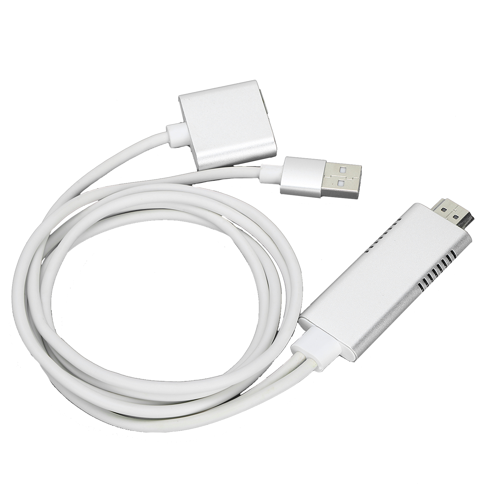 Ein weißes Kabel mit mehreren Anschlüssen, darunter USB und HDMI, auf weißem Hintergrund.
