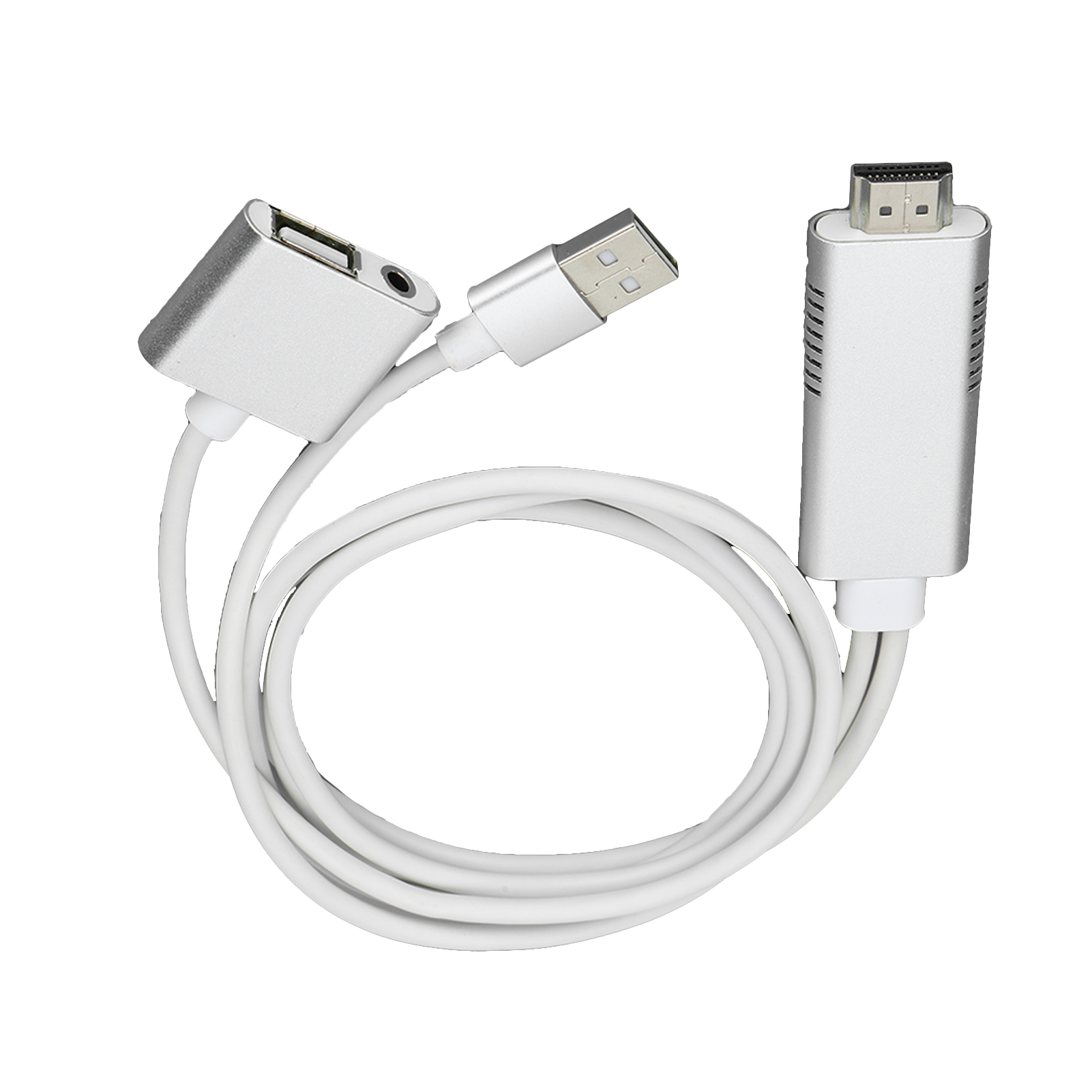 Ein weißer Kabeladapter mit USB-, HDMI- und Klinkenanschlüssen. Er ist vor weißem Hintergrund.