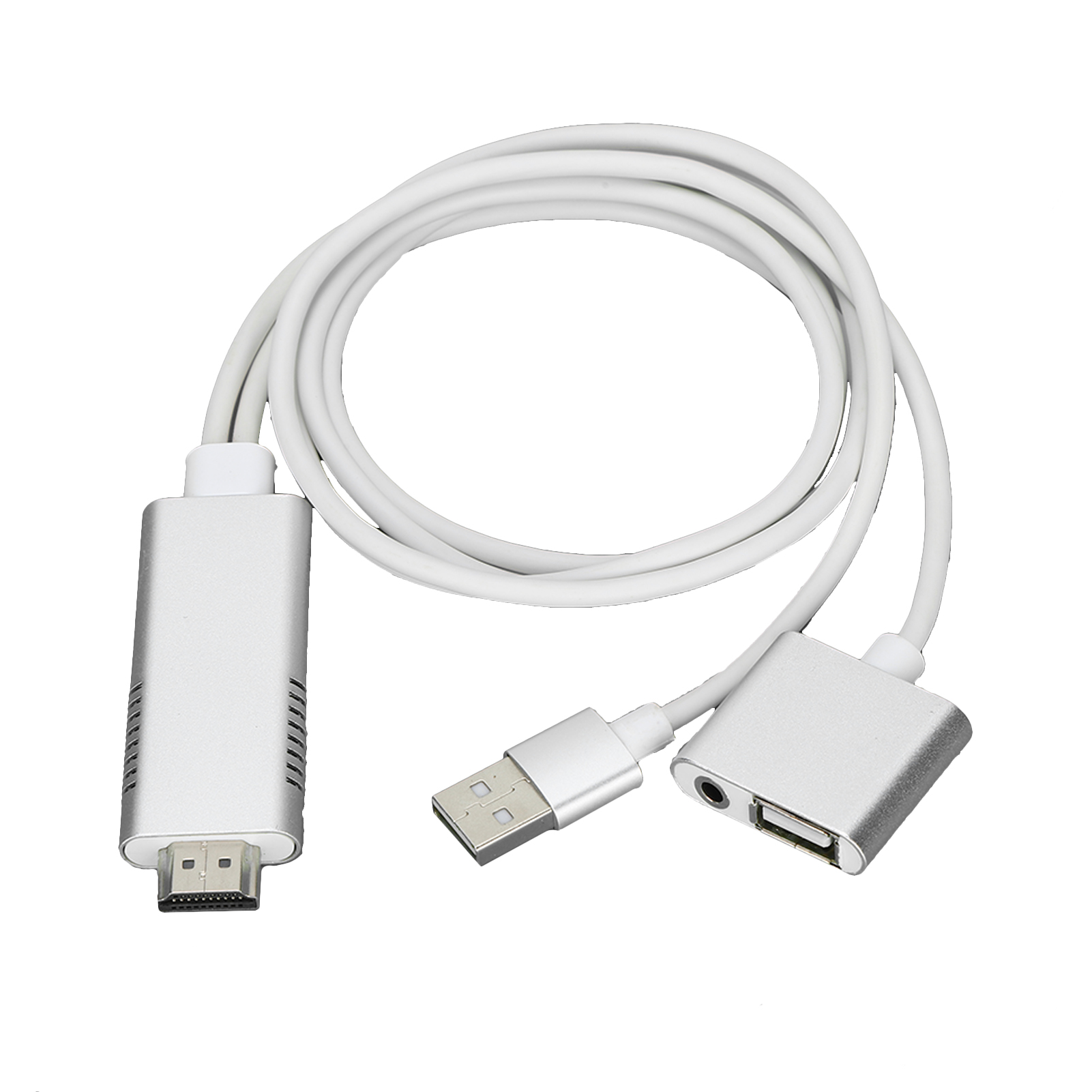 Ein weißes Kabel mit silbernen Anschlüssen, darunter HDMI, USB und ein USB-C-Anschluss, vor weißem Hintergrund.