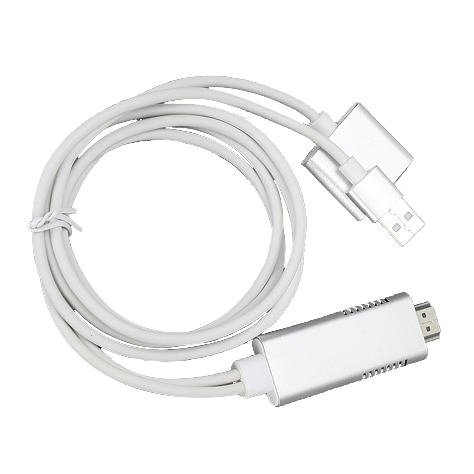 Ein weißes HDMI-Kabel mit silbernen Anschlüssen. Ein Ende hat einen USB-Anschluss, das andere einen HDMI-Anschluss. Das Kabel ist aufgerollt.
